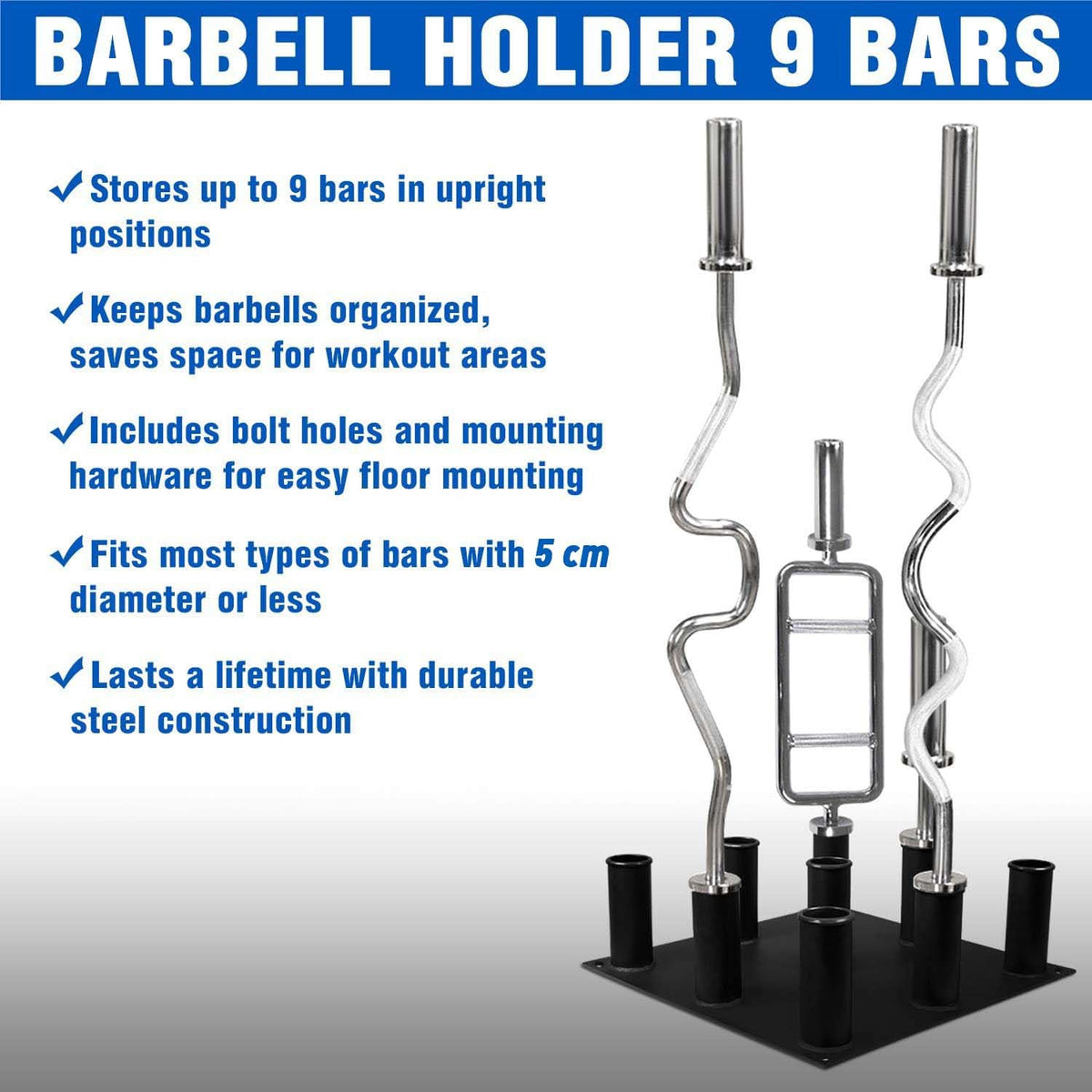 Yes4All Vertical Barbell Holder Stand - Barbell Rack Stand For Olympic Bar - Optional: Barbell Storage for 5 Bars or 9 Bars