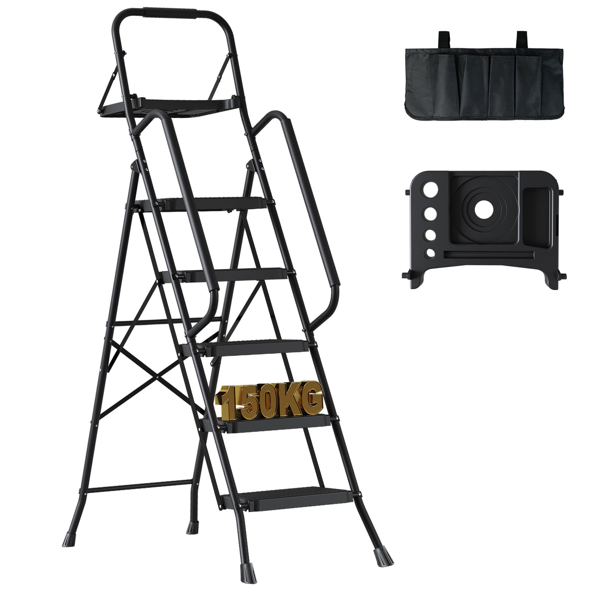 BONTEC 5 Step Ladder with Tool Bag and Tray, Folding Step Ladder with Wide Anti-Slip Pedals, Handrails and Soft Grip, Foldable Metal Step Stool for
