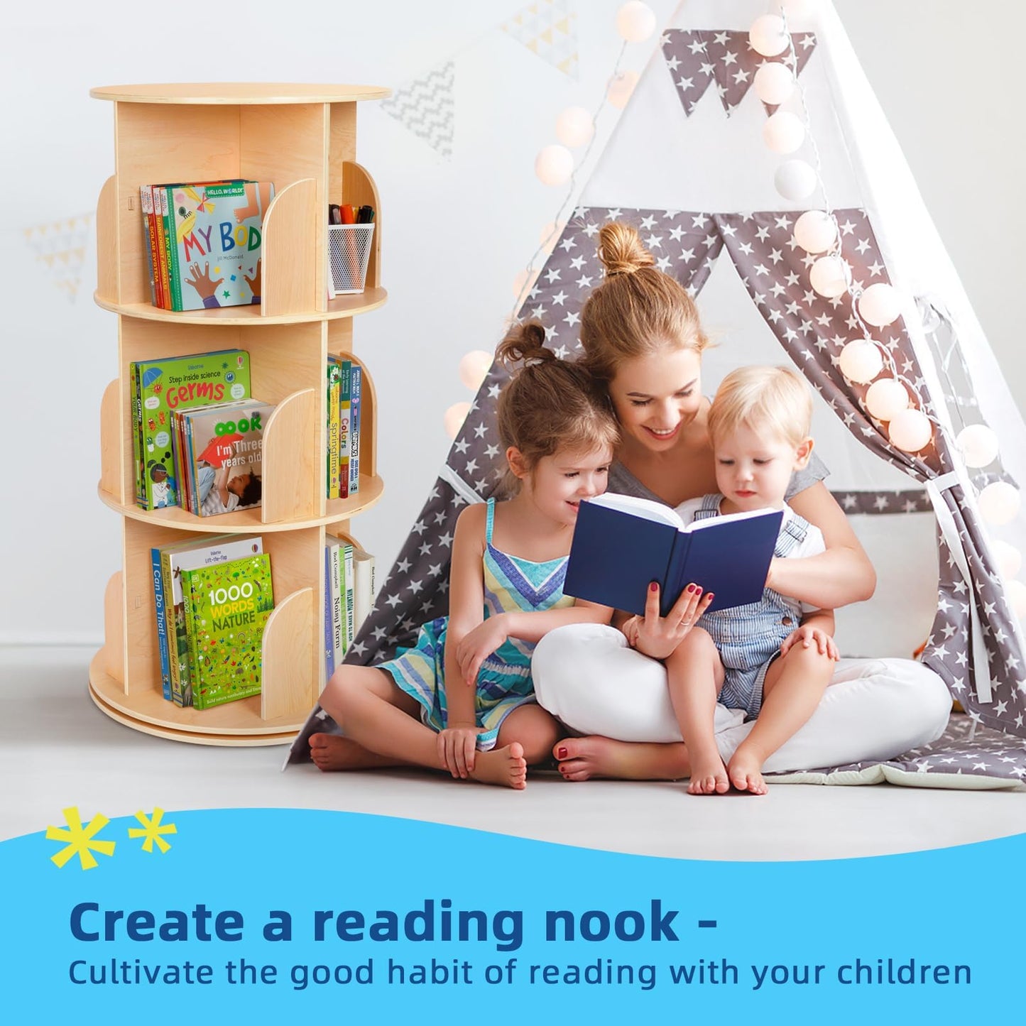 OOOK Rotating Bookshelf, 3 Tier Corner Spinning Bookshelf for Small Space