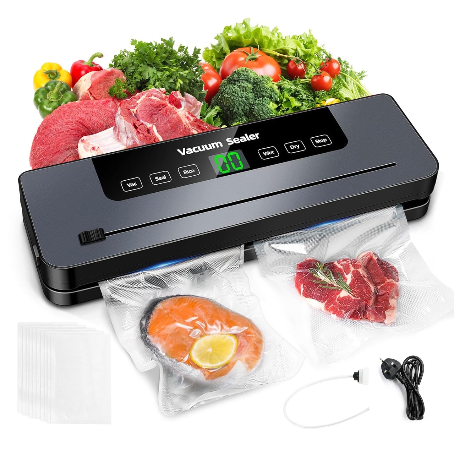 comeder 6 in 1 Vacuum Sealer Machine, 30cm Longer Seal Food Sealer with 50Pcs Vacuum Sealer Bags for Vac/Seal/Rice/Wet/Dry Mode, Built-in Cutter and