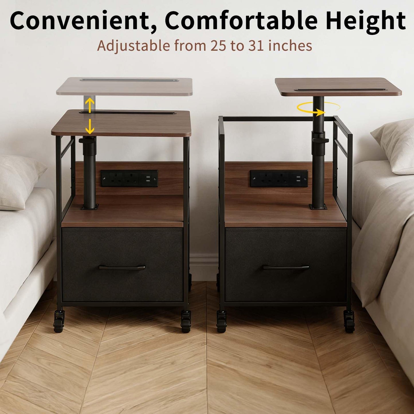 Bingyouth Bedside Table with Charging Station, Rotating Nightstand on Wheels with Adjustable Height, Drawer Storage and Swivel Top