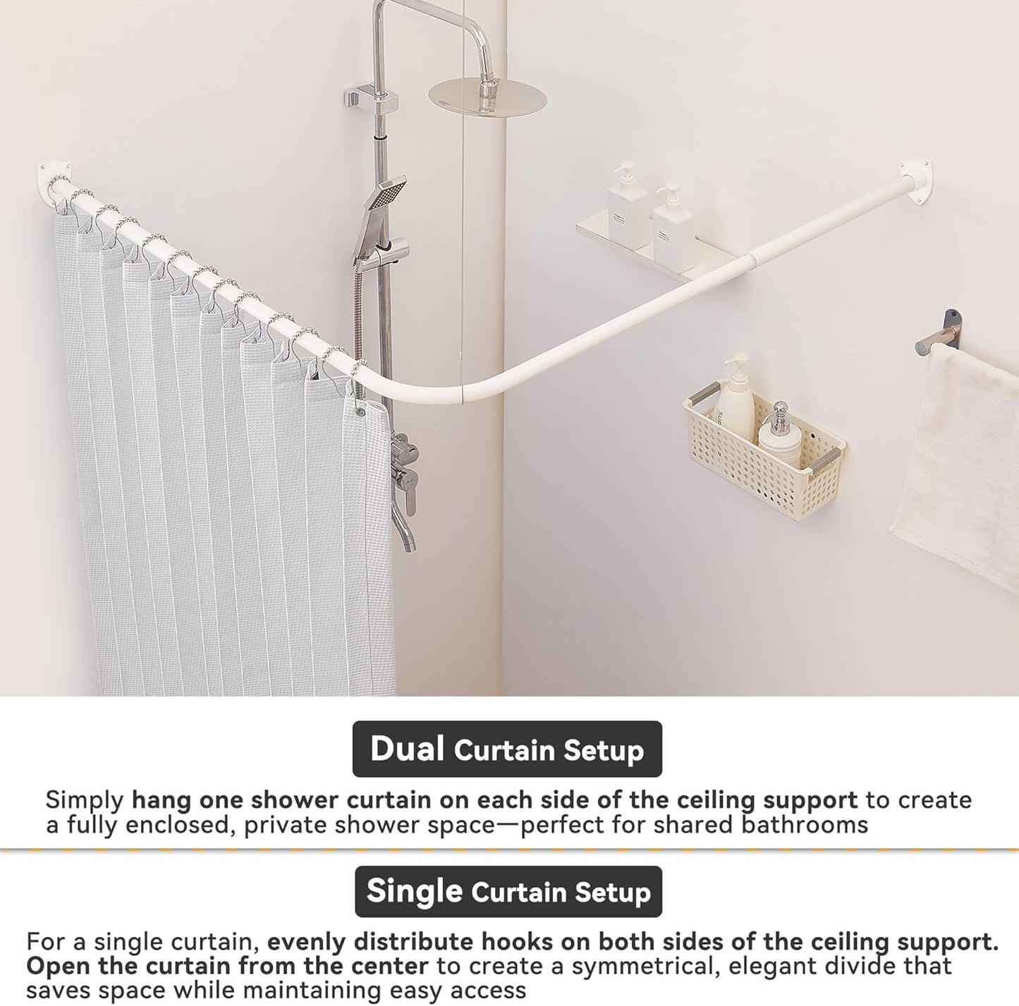 Shower Curtain Pole, L Shaped Shower Curtain Rail, Extendable Shower Curtain Rod for Bathroom, Clothing Store