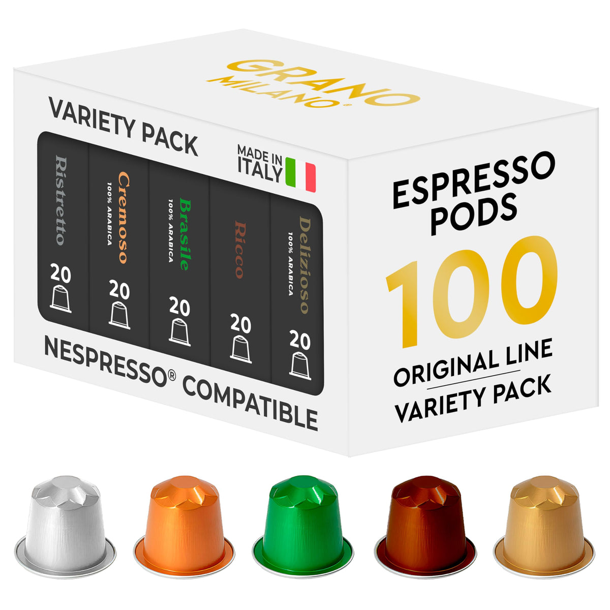 Grano Milano Variety Pack Coffee Capsules - 100 Aluminium Coffee Pods Compatible With Nespresso Original Line, Medium And Dark Roast, Made In Italy