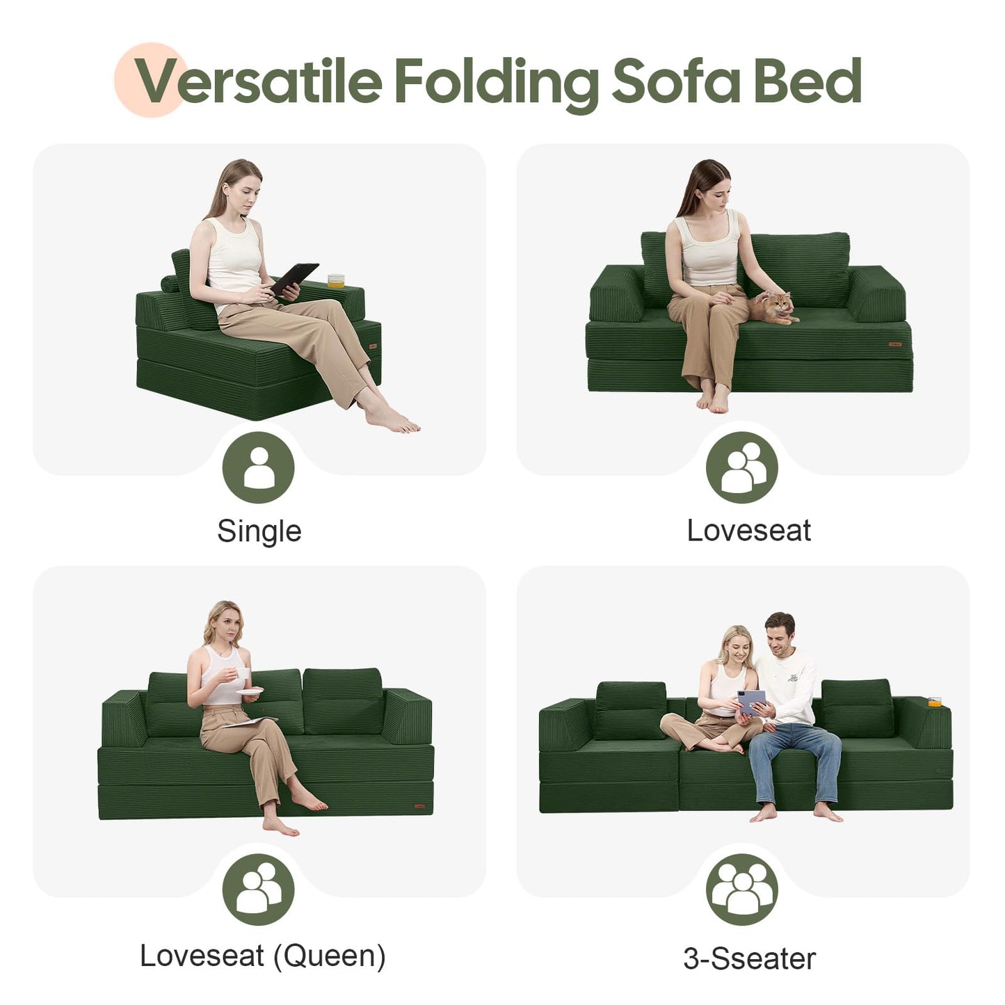 MeMoreCool Folding Sofa Bed Single, Convertible Boneless Couch with Pillow