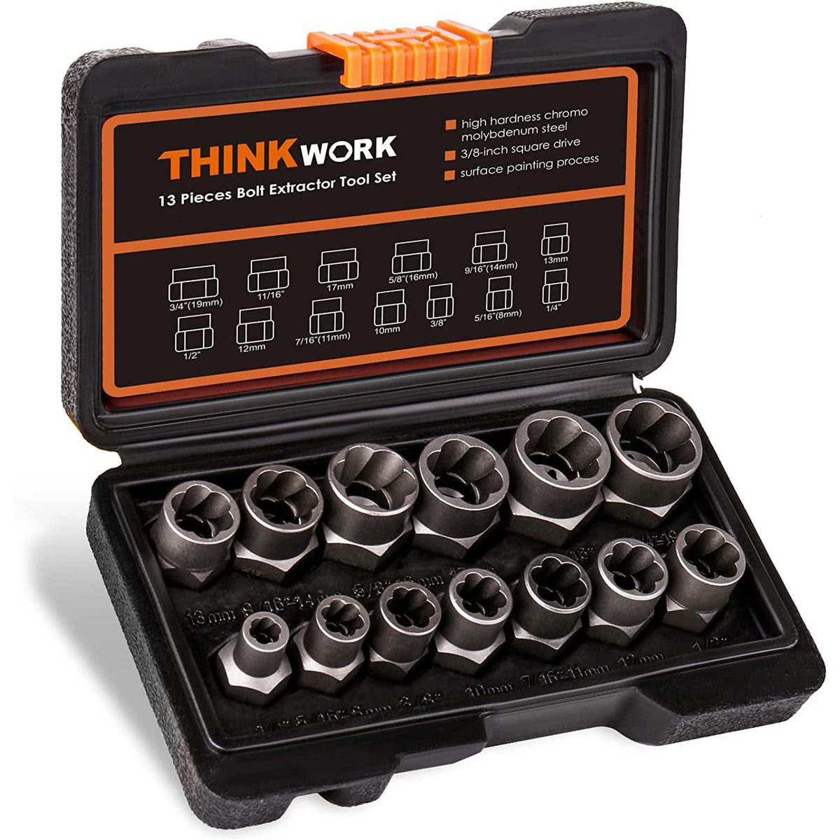THINKWORK Impact Bolt Extractor Set, 13-Piece Bolt & Nut Remover Set, Stripped Bolt Extractor Socket Set, Bolt Extractor Tool Set for Removing