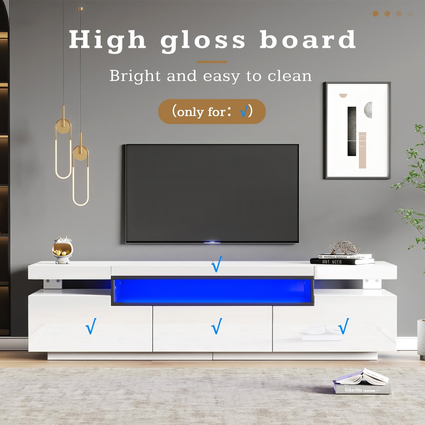 Ball & Cast TV Stand Cabinet for 70-inch TV High Gloss TV Stand Unit with LED Lights 160CM, 3 Drawers, 3 Open Storage Space