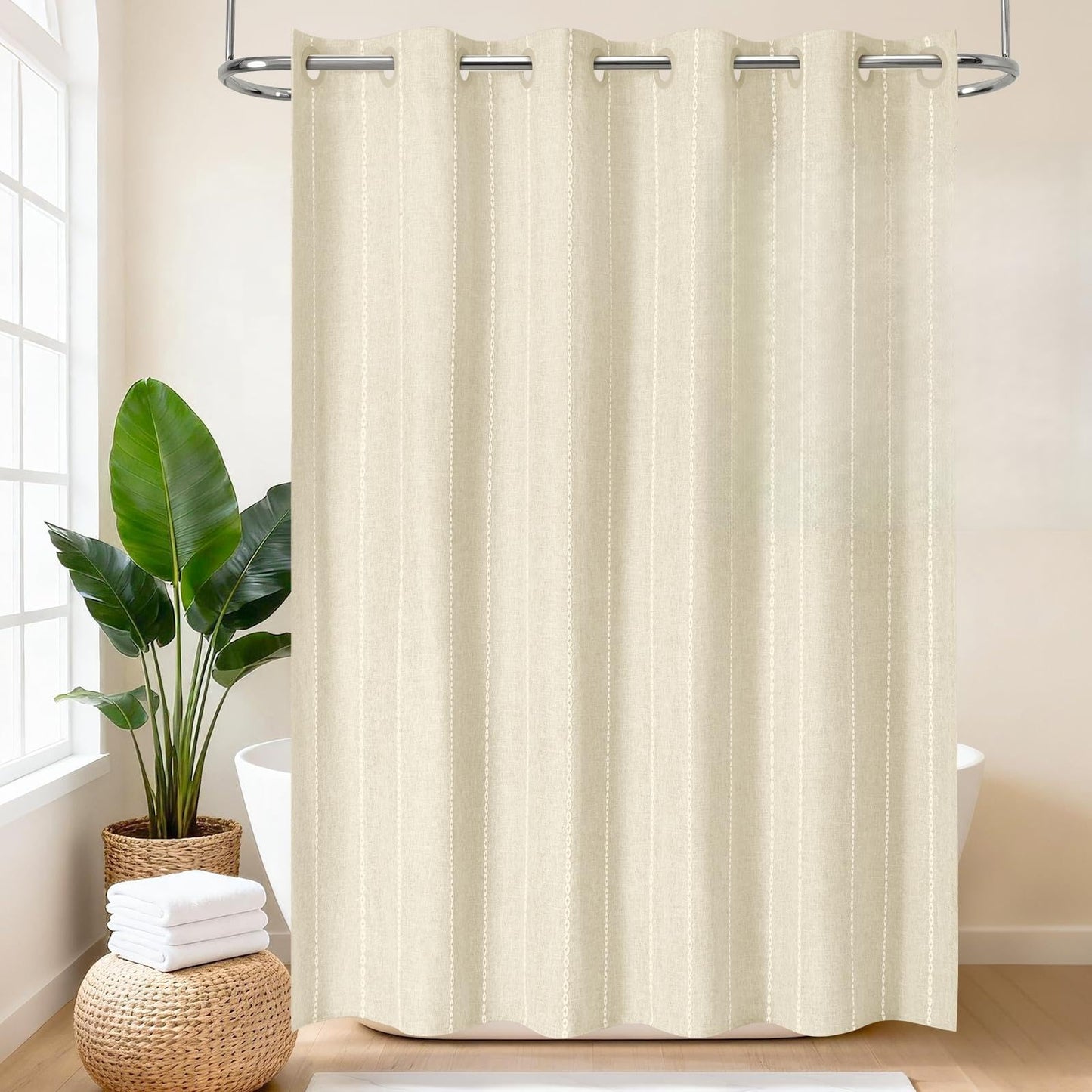 VANZAVANZU Boho Hookless Shower Curtain, Stripe Polyester-Linen Fabric Waterproof coating Shower Curtains for Bathroom, Farmhouse Rustic Shabby Chic