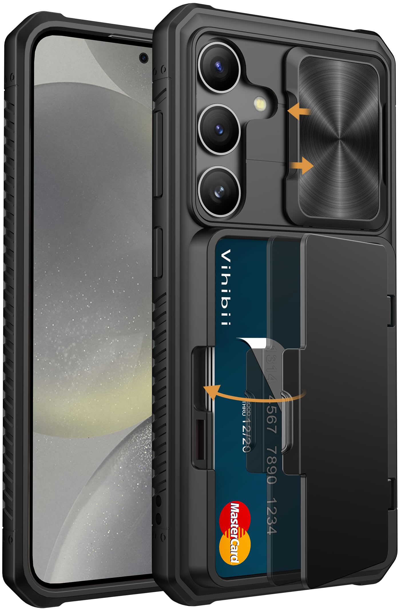 Vihibii for Samsung Galaxy S24 Case with Card Holder (4 Cards) & Sliding Camera Cover & Kickstand, Shockproof Rugged Hard Back & Soft Edge Wallet