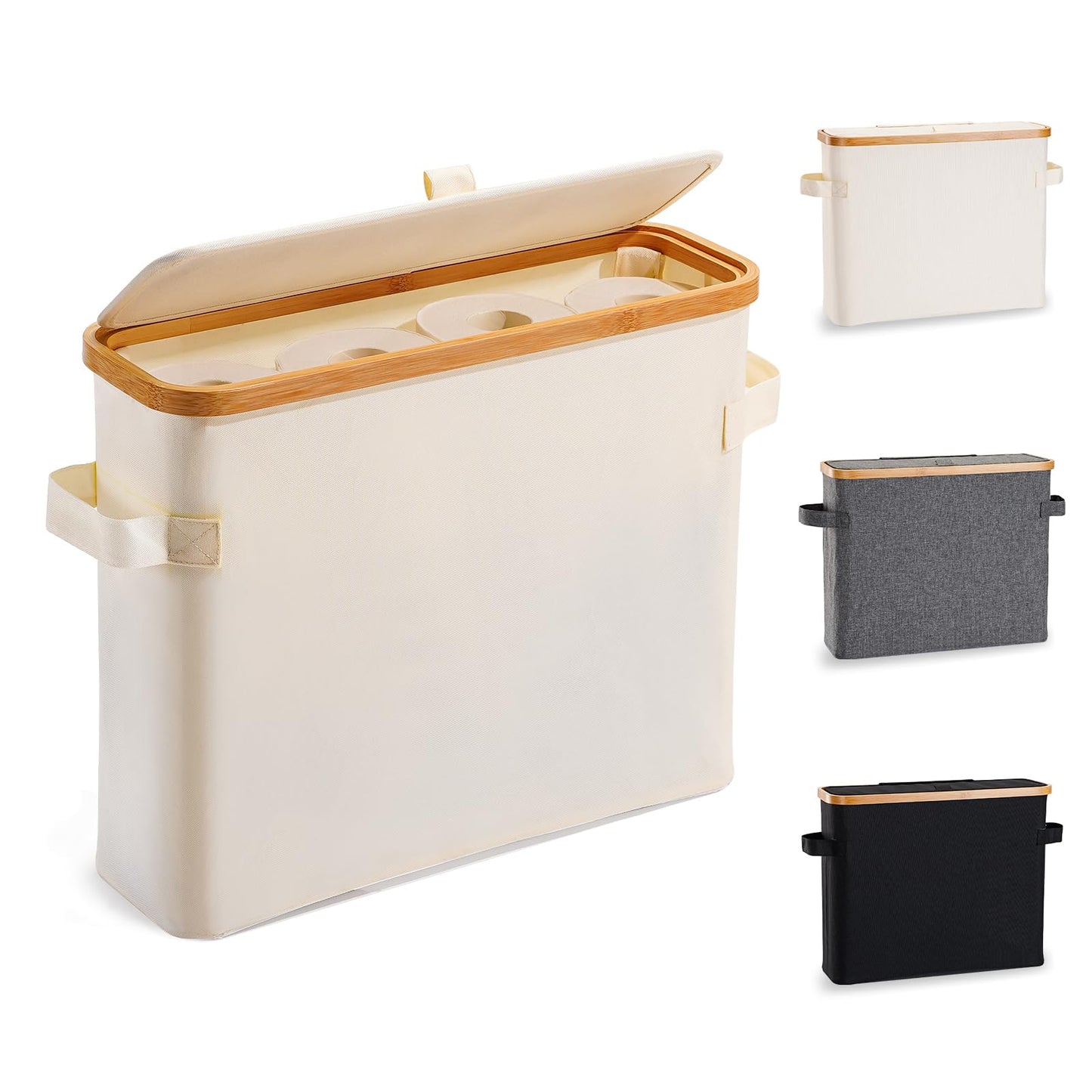 Toilet Roll Holder Storage Stand, Toilet Roll Storage Basket with Lid, Bamboo Toilet Paper Storage Holder Organiser Free Standing for Bathroom