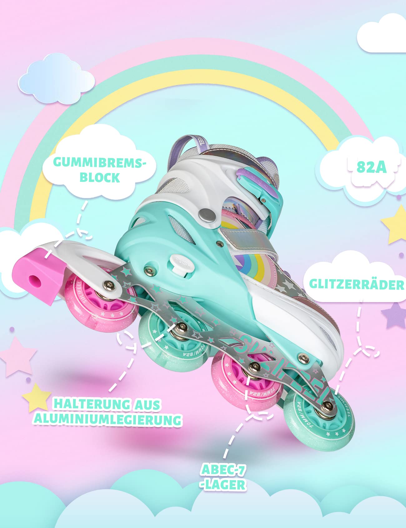 SULIFEEL Rainbow Unicorn Adjustable Light up Inline Skates for Kids Girls and Boys Beginner Skates with Illuminating Wheels,Large