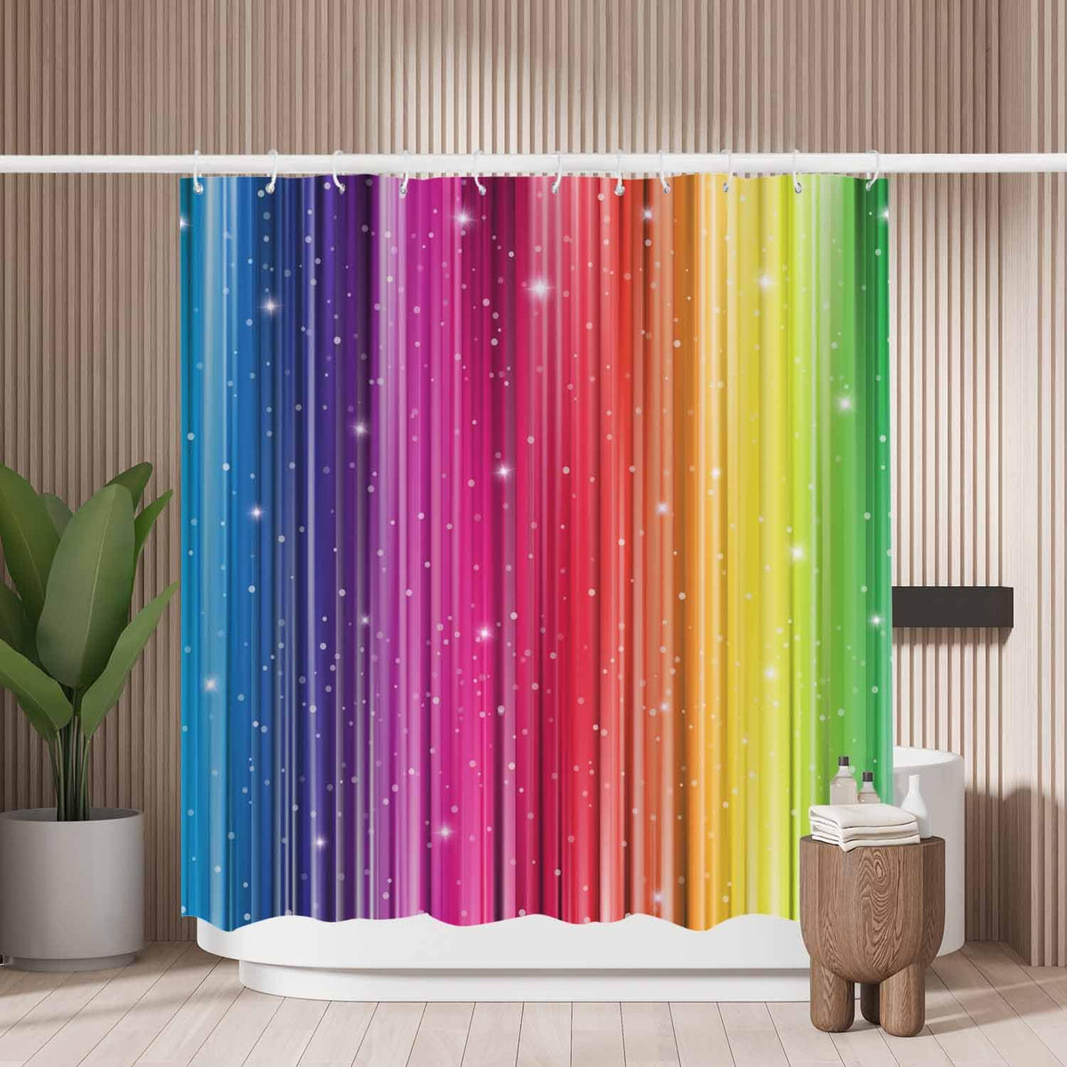Woutay Shower Curtain Mould Proof Resistant Rainbow,Water Repellant Fabric,Polyester,with 12 Plastic Hooks