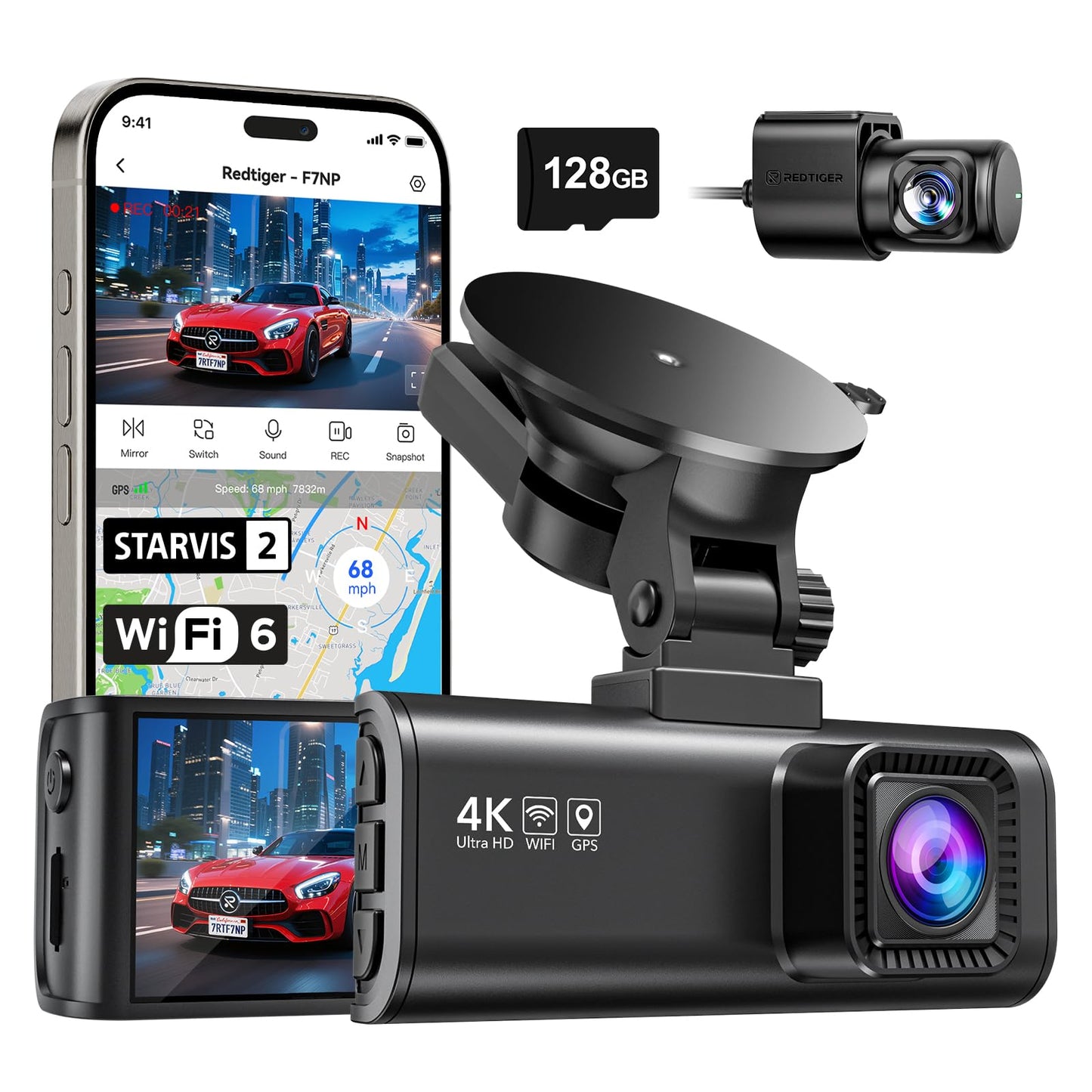 REDTIGER F7NP-4K Dash Cam Front and Rear, STAVIS 2 Sensor Dash Camera for Cars, Free 128GB Card Included, 5.8GHz Wi-Fi6-up to 20MB/s, 3.18? Screen,