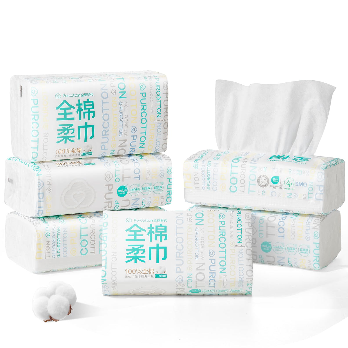 Purcotton Disposable Face Towel, 100% Cotton Dry Wipes, Biodegradable and Unscented Cotton Tissue, 600 Ct Face Cloths for Makeup Removing, Skin Care,
