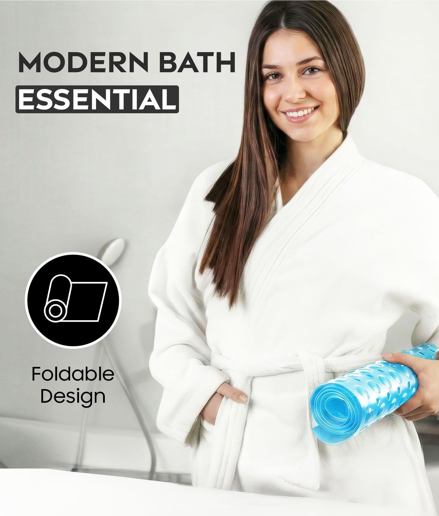 ADOV Bath Mat Non Slip, 100 x 40 cm Extra Long Shower Mat Anti Mould, Bathroom Bathtub Mats for Tub, 200 Strong Suction Cups and Drain Holes