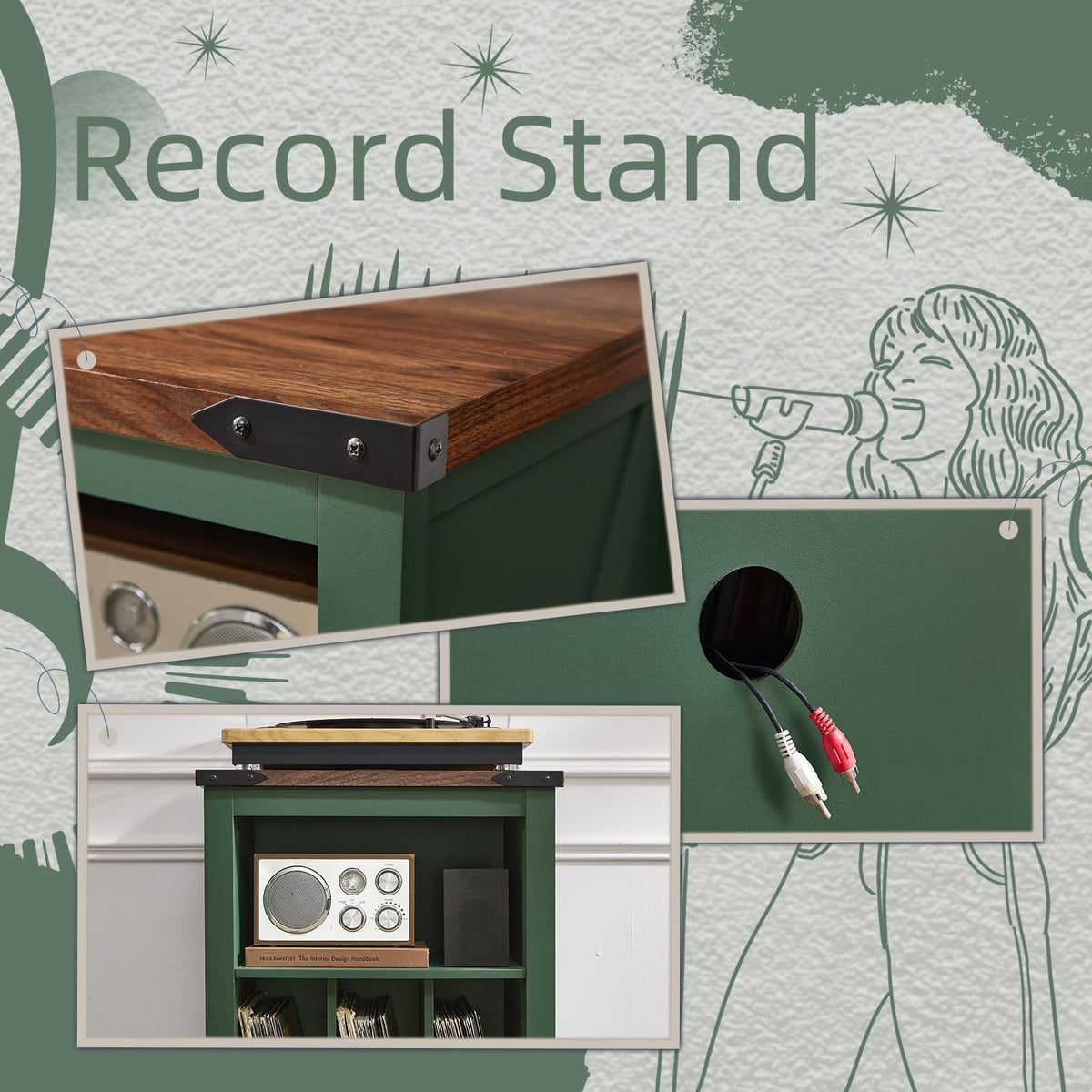 LELELINKY Record Player Stand with Vinyl Record Storage, Green
