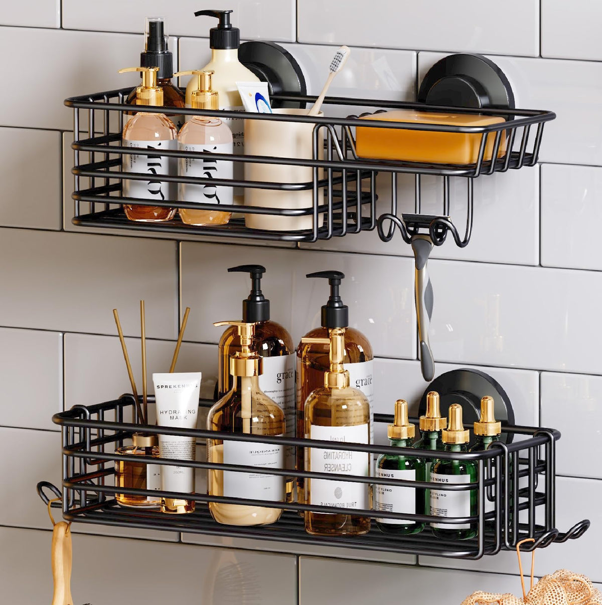 TAILI Shower Caddy Suction Cup 2 Pack with Hooks & Soap holder Heavy Duty Shower Organizer for Bathroom No Drilling Silver Bathroom Accessory Storage