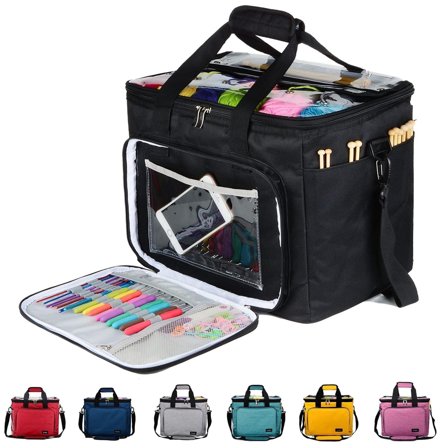 Hoshin Knitting Bag for Yarn Storage, Portable Crochet Tote Bag Yarn Organizer for Crochet Patterns and Hooks, Needles, Skeins of Yarn-Enjoy