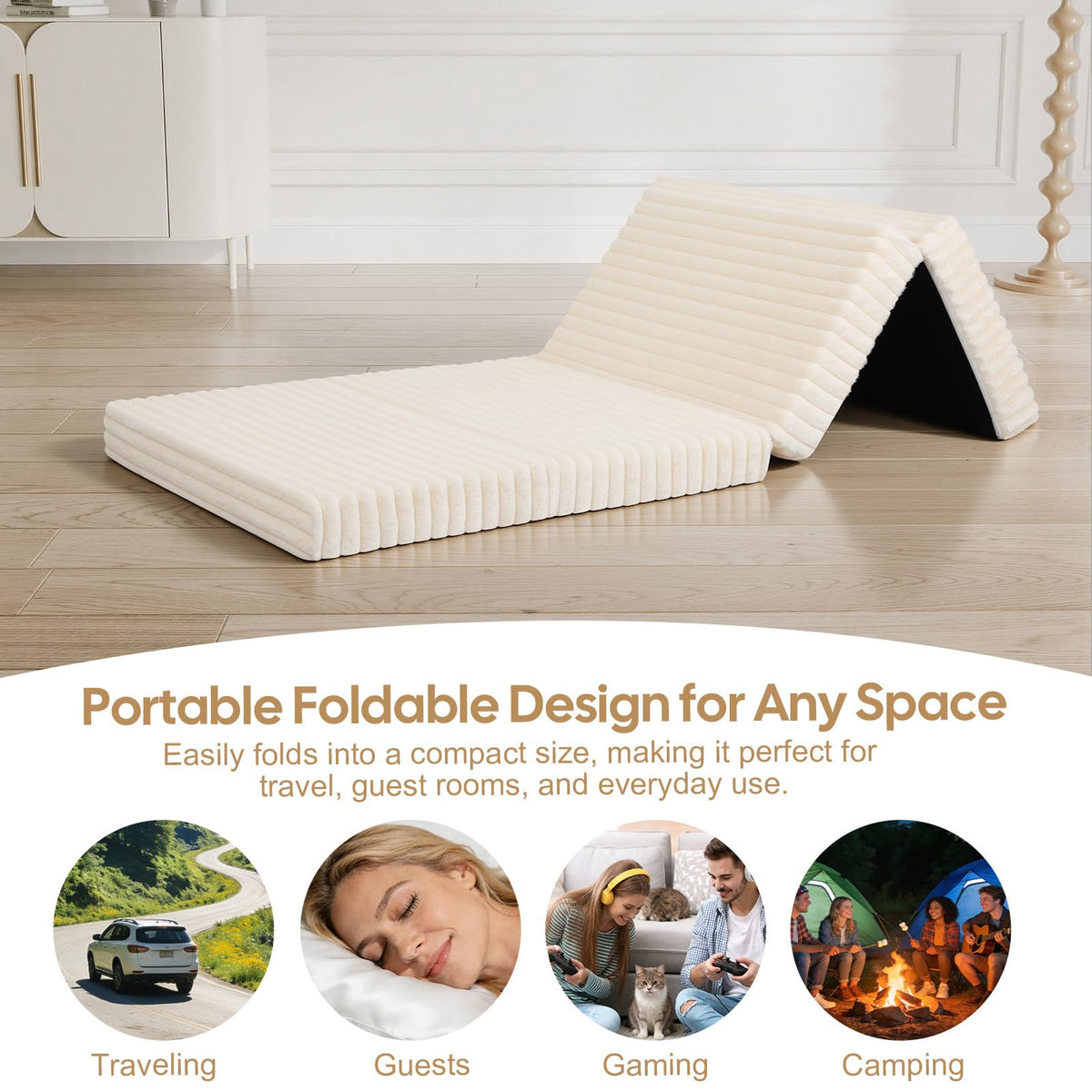 MeMoreCool Folding Floor Mattress 190x90cm, 4-Fold Foam Guest Bed, Beige