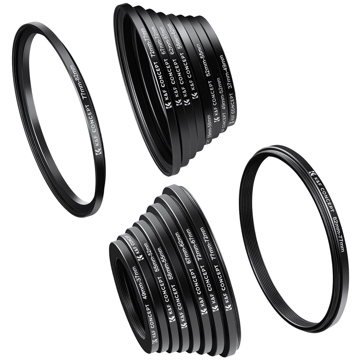K&F CONCEPT 18PCS Lens Filter Stepping UP and Down Adapter Set 37 49 52 55 58 62 67 72 77 82mm 9PCS Step-Up Rings+9PCS Step-Down Rings 49-52 55-58