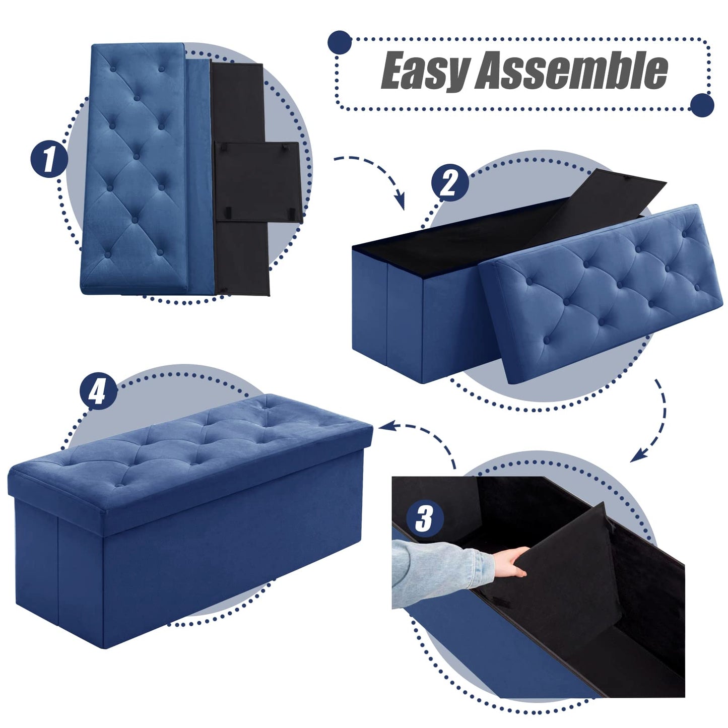 BRIAN & DANY Folding Storage Ottoman Bench, Velvet Large Ottoman Storage Box for Living Room and Bedroom 110 x 40 x 40 cm - Navy Blue