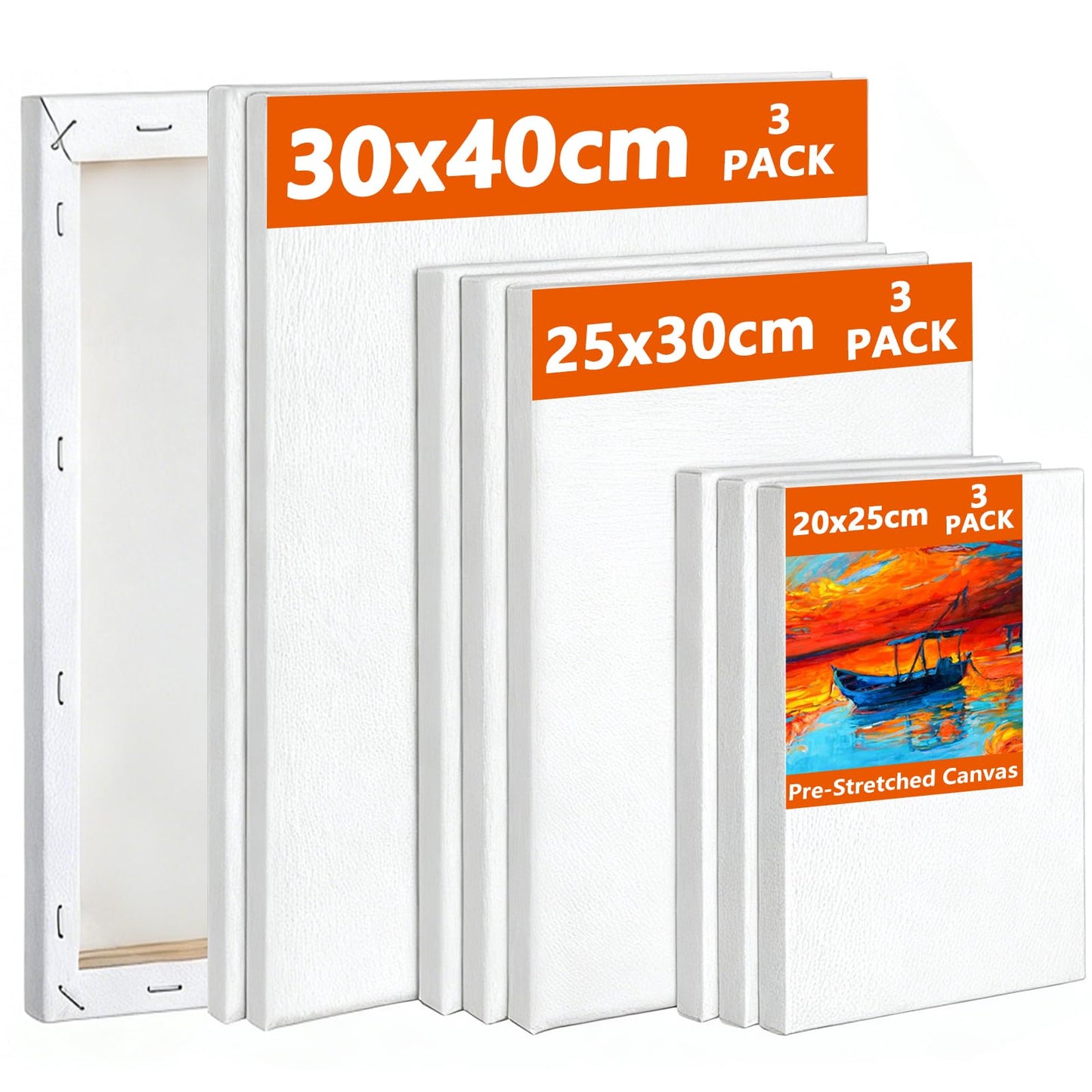 Koncci Stretched Canvas for Painting, 9 Packs Multiple Sizes Canvases Set, 30x40cm, 25x30cm, 20x25cm(3 Pcs Each), 280GSM Stretched Wooden Canvas
