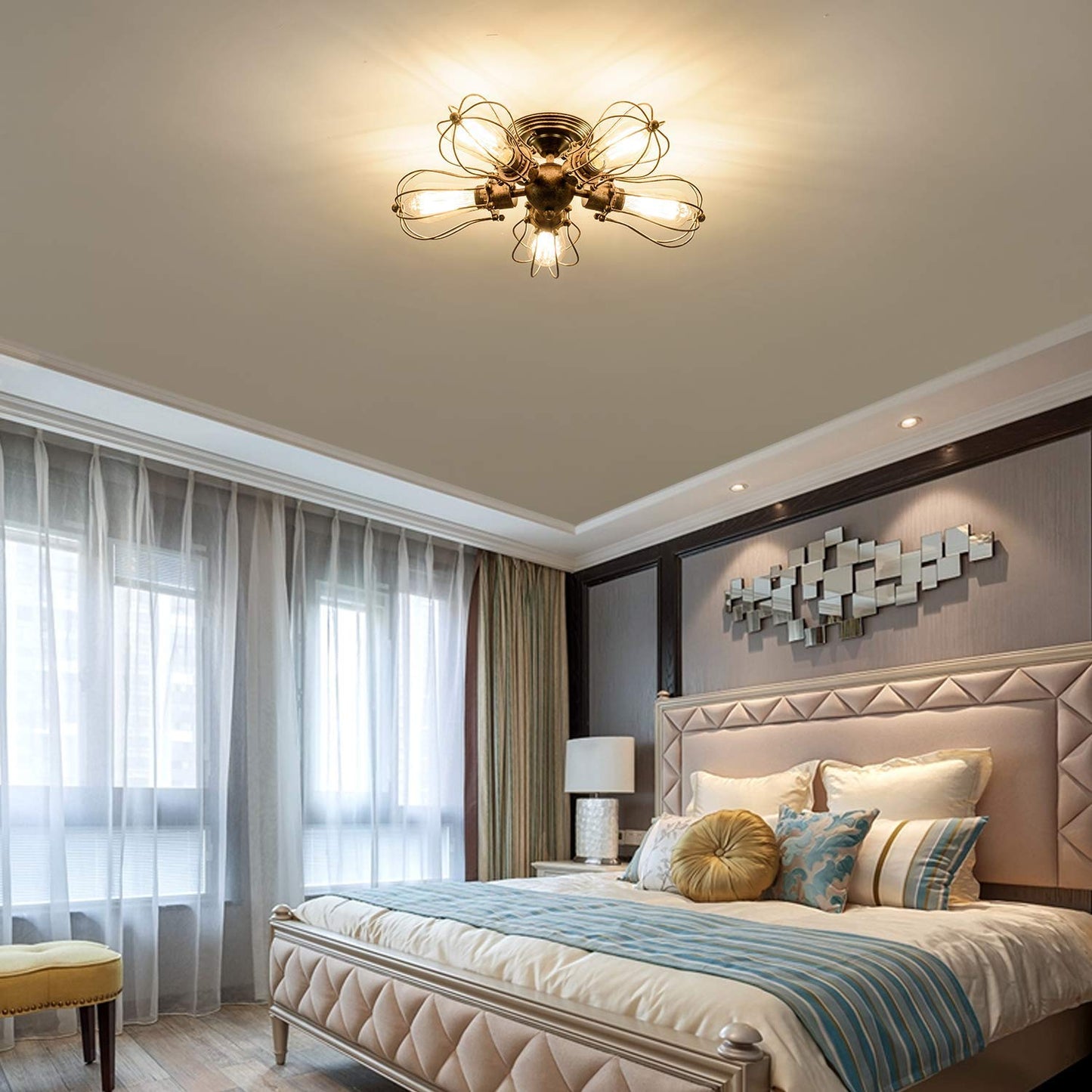 GLADFRESIT Vintage Ceiling Lights Adjustable Socket Retro Chandeliers Metal Wire Cage Lamp Semi-Flush Mount Rustic Ceiling Light Indoor Home