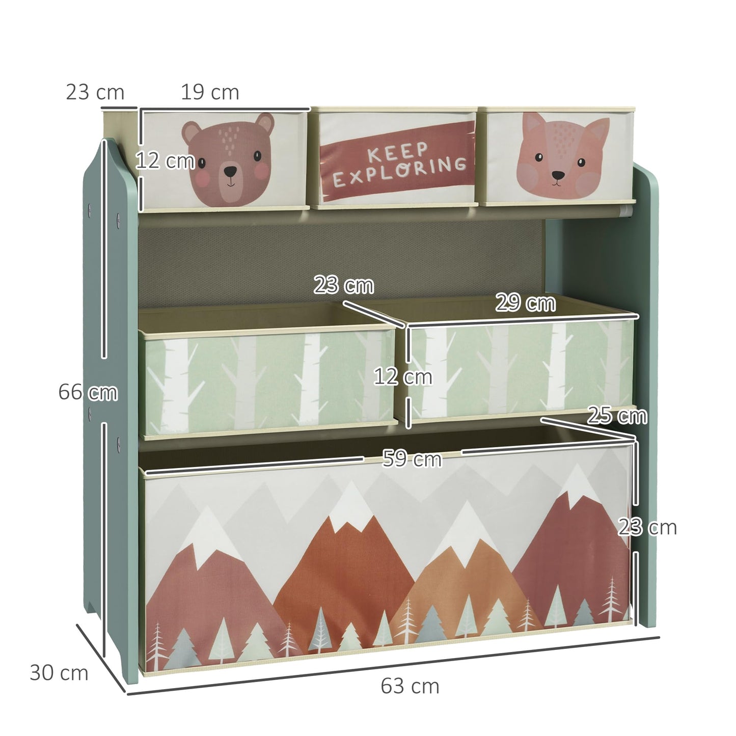 ZONEKIZ Kids Storage Unit, Childrens Toy Storage Organiser, with 6 Fabric Bins, for Bedroom, Nursery, 63 x 30 x 66cm, Green