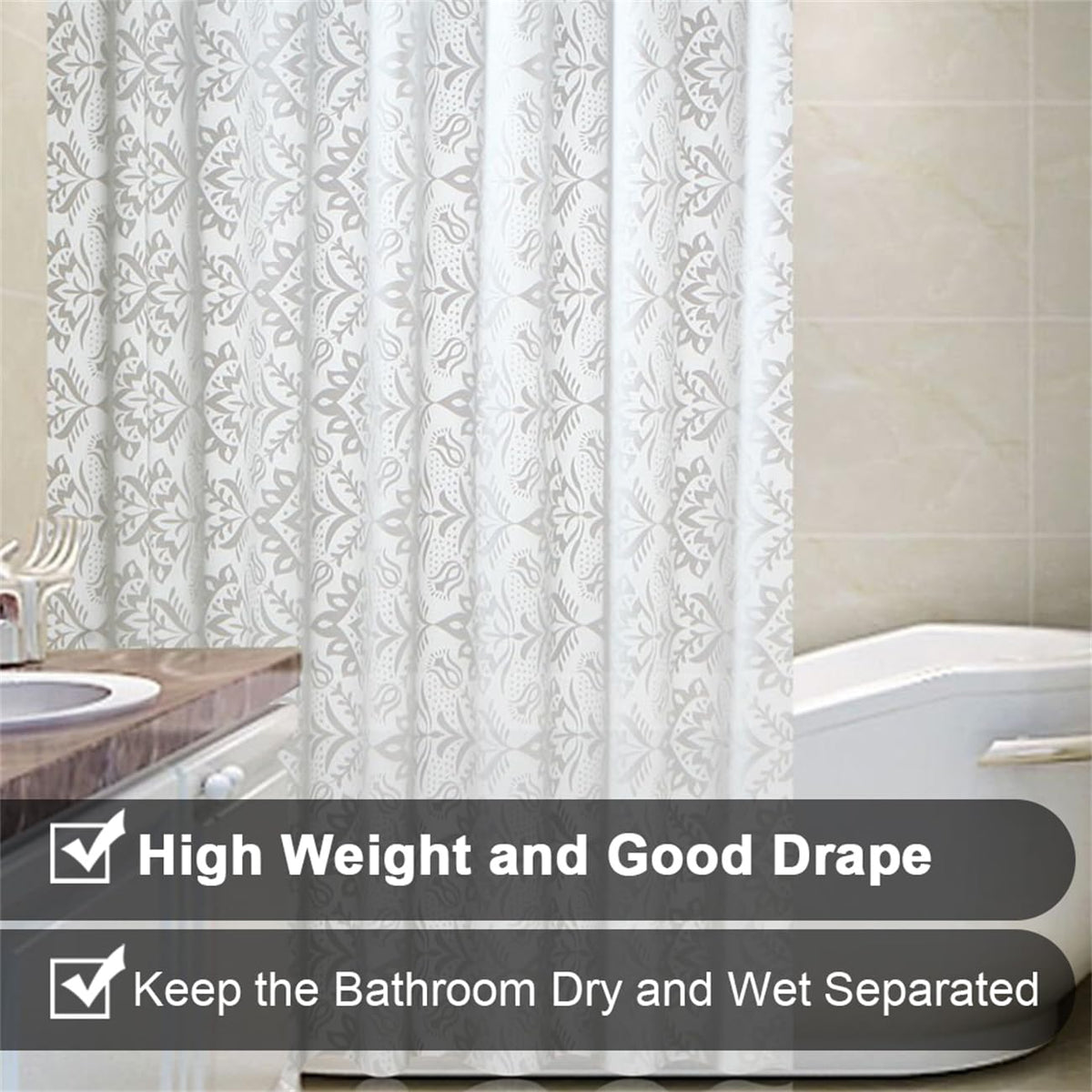Lkw Ogechi Shower Curtain PEVA Washable White Flower 180x200 cm, 200 Drop Large Waterproof Plastic Bathroom Curtains