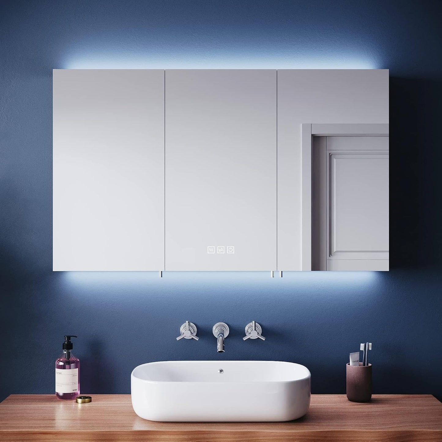 ELEGANT 3 Doors Bathroom Mirror Cabinet with Shaver Socket Stainless Steel Wall Mounted Storage Cabinet with Three-color Infinitely Dimmable |