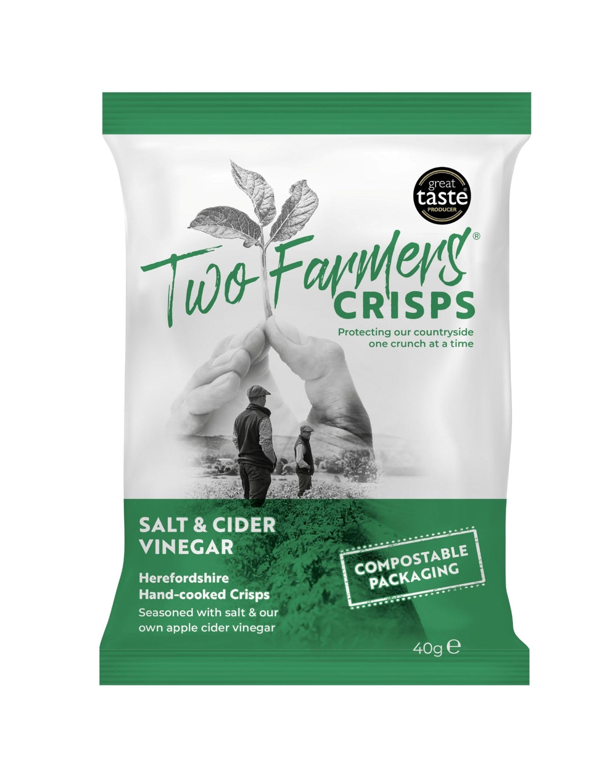 Two Farmers Crisps, Salt & Cider Vinegar Hand Cooked Crisps, Vegan and Vegetarian, Gluten Free, 100% Compostable Bags, 24 x 40g