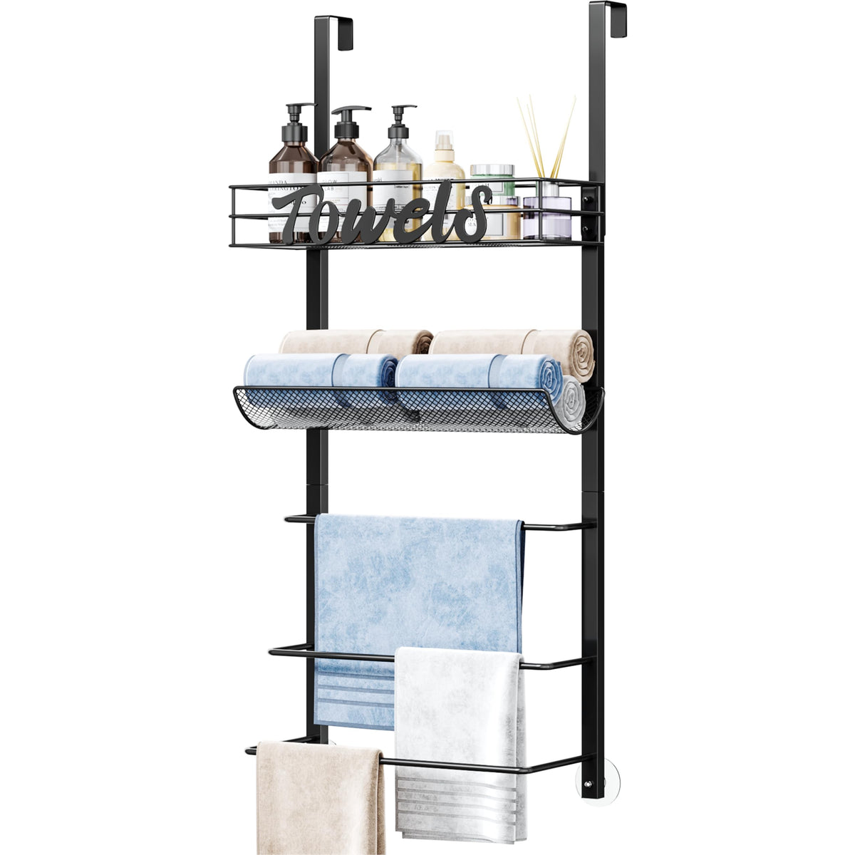 SWTYMIKI Over Door Towel Rack - 5 Tier Towel Storage Rack Wall Mounted with Metal Shelf, Over Door Towel Rail, Space-Saving Bathroom Towel Storage,