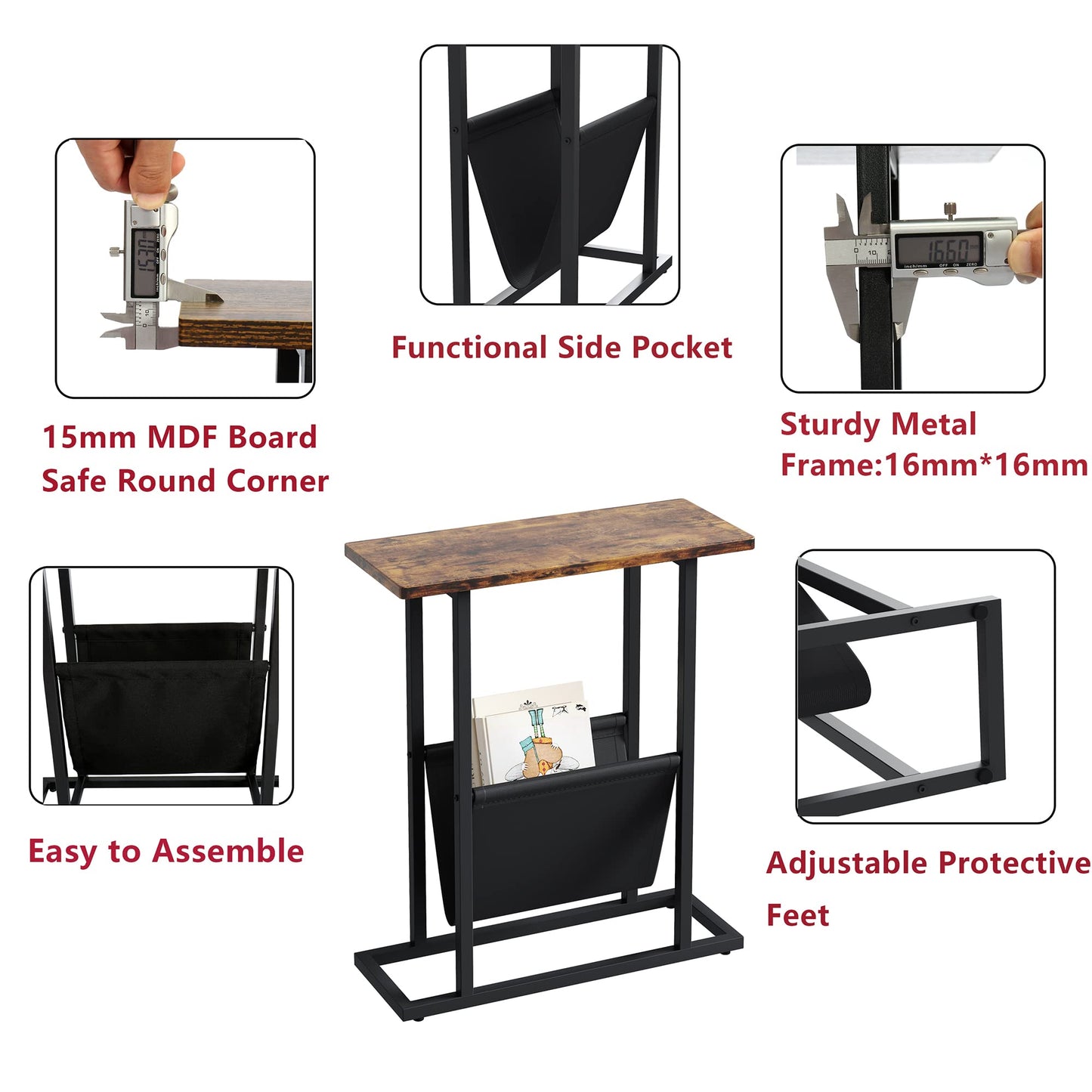 Yusong Small Narrow Side Table for Small Spaces, Slim End Table Magazine Table Nightstand with Storage Holder