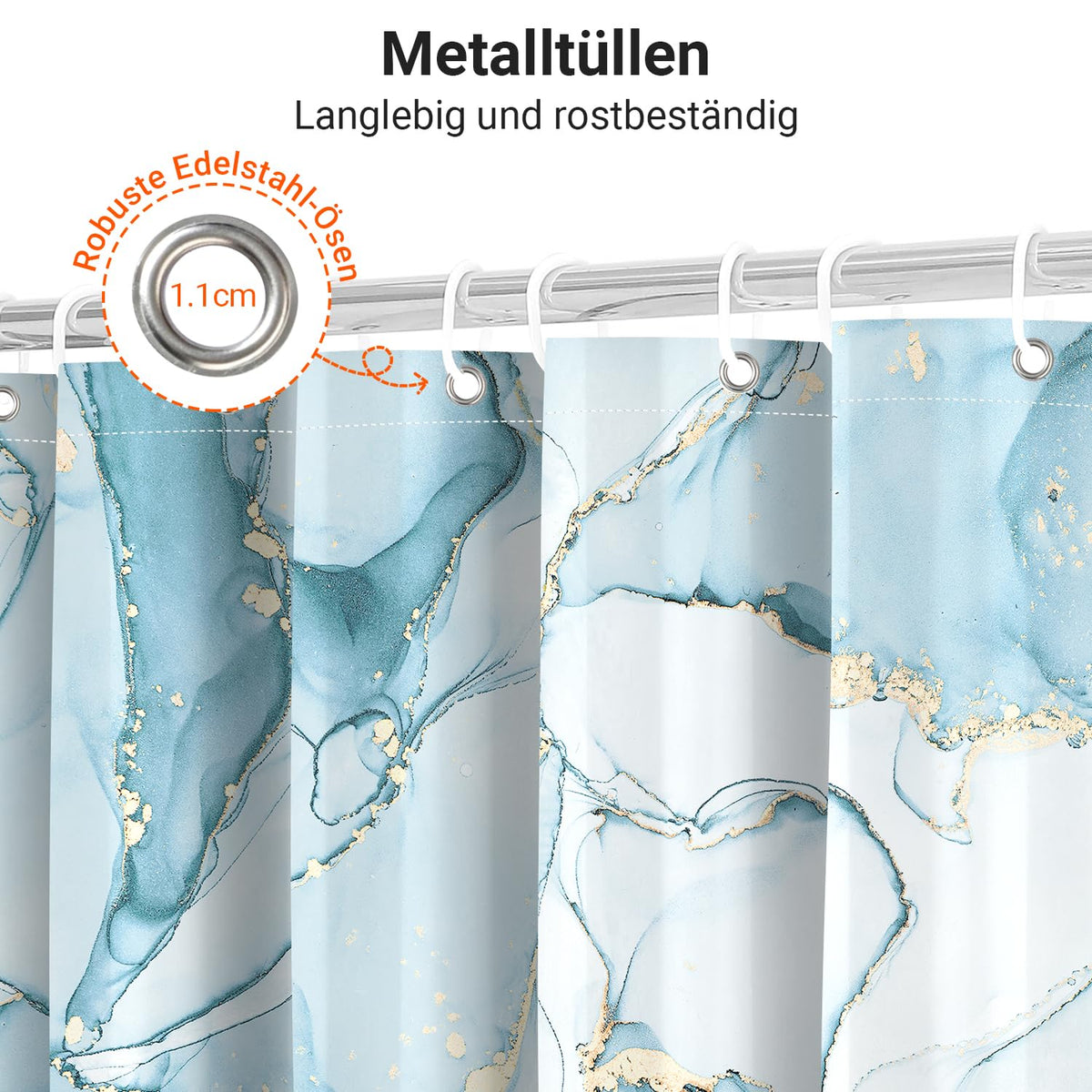 Lerores Shower Curtain, 180 x 180 cm, Light Blue Marble, Weighted Hem, Anti-Mould, Water-Repellent