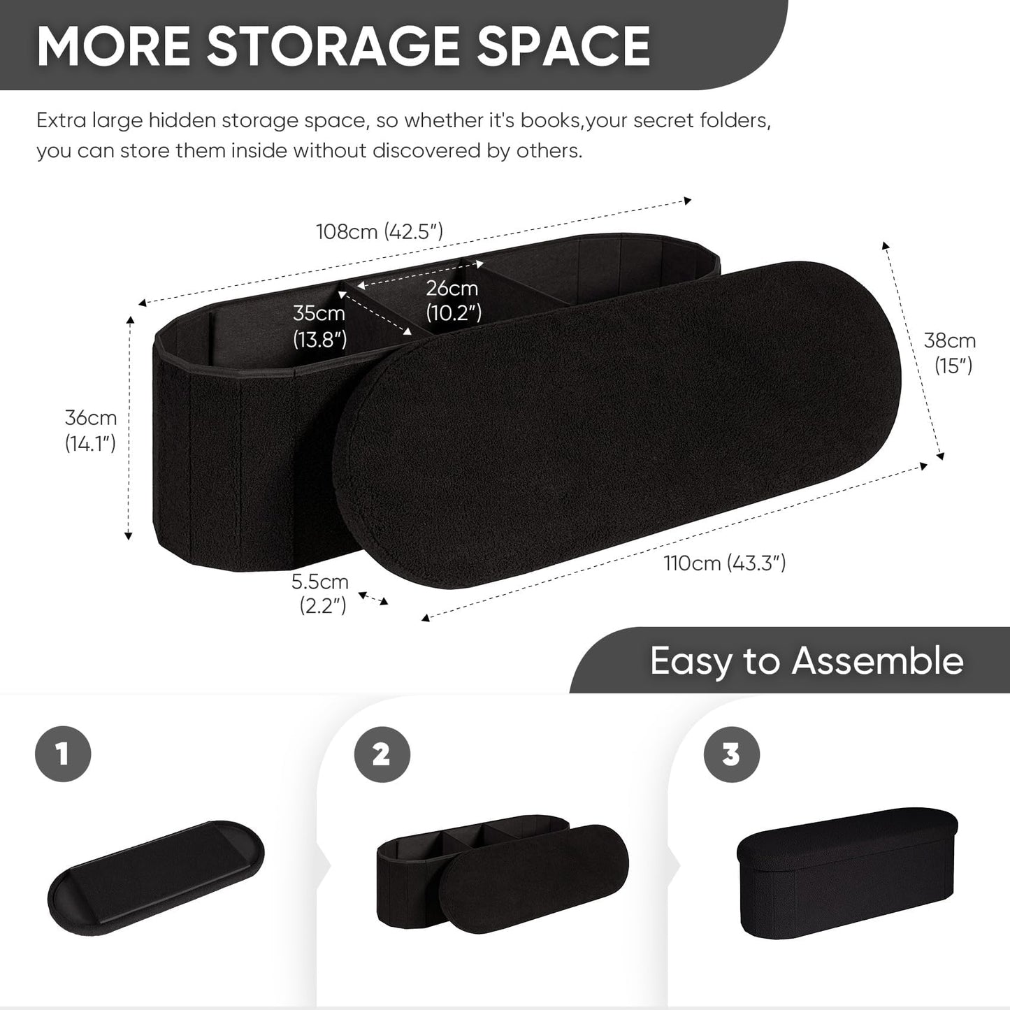 Bonlife Folding Ottoman Storage Bench,Boucle Footstool Oval, End of Bed Stool, Ideal for Living Room, Bedroom, 100L Storage Space,Black