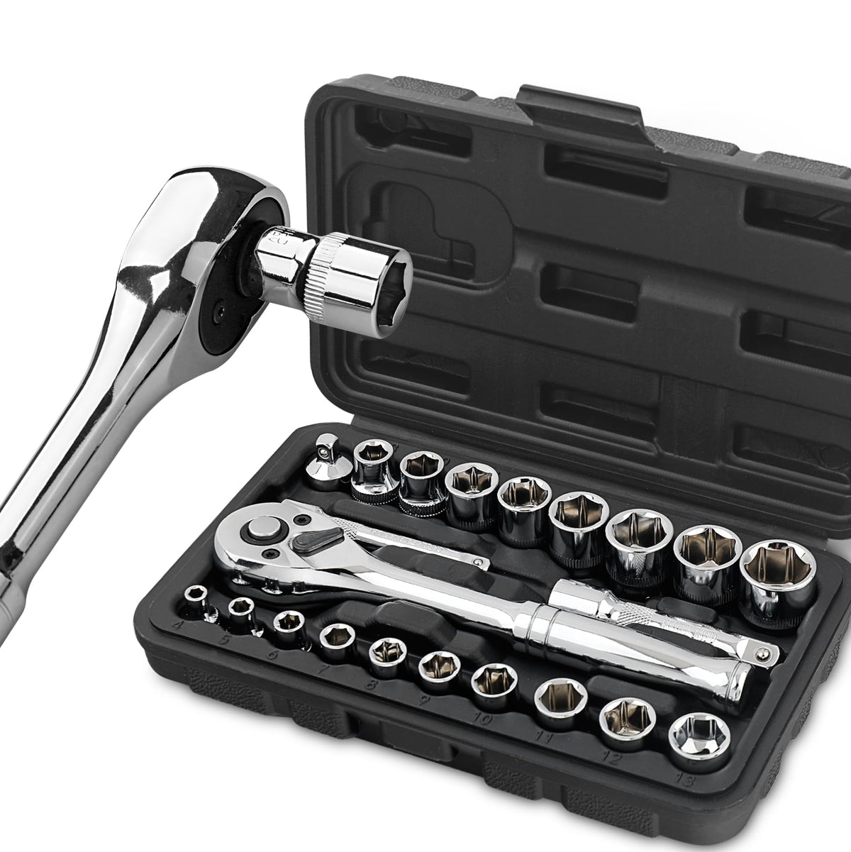 Hi-Spec 22-Piece Metric Socket Set 1/4? & 3/8? Drive with Reversible Ratchet, Extension Bar, Adaptor & Ratcheting Wrench in Compact Carry Case