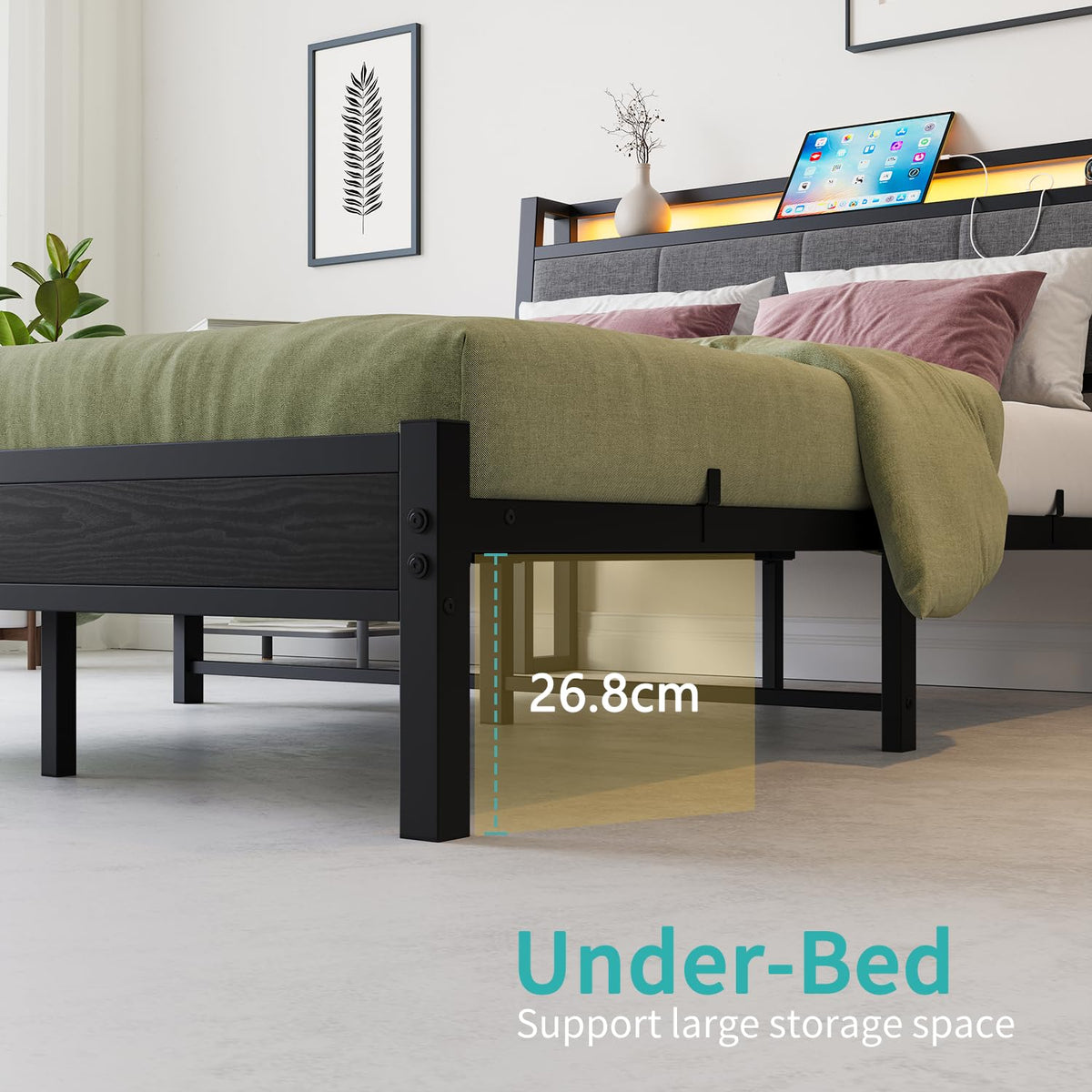 FOUBAM Double Bed Frame, 4FT6 Bed Frame Ergonomics Double with Charging Station and LED Lights