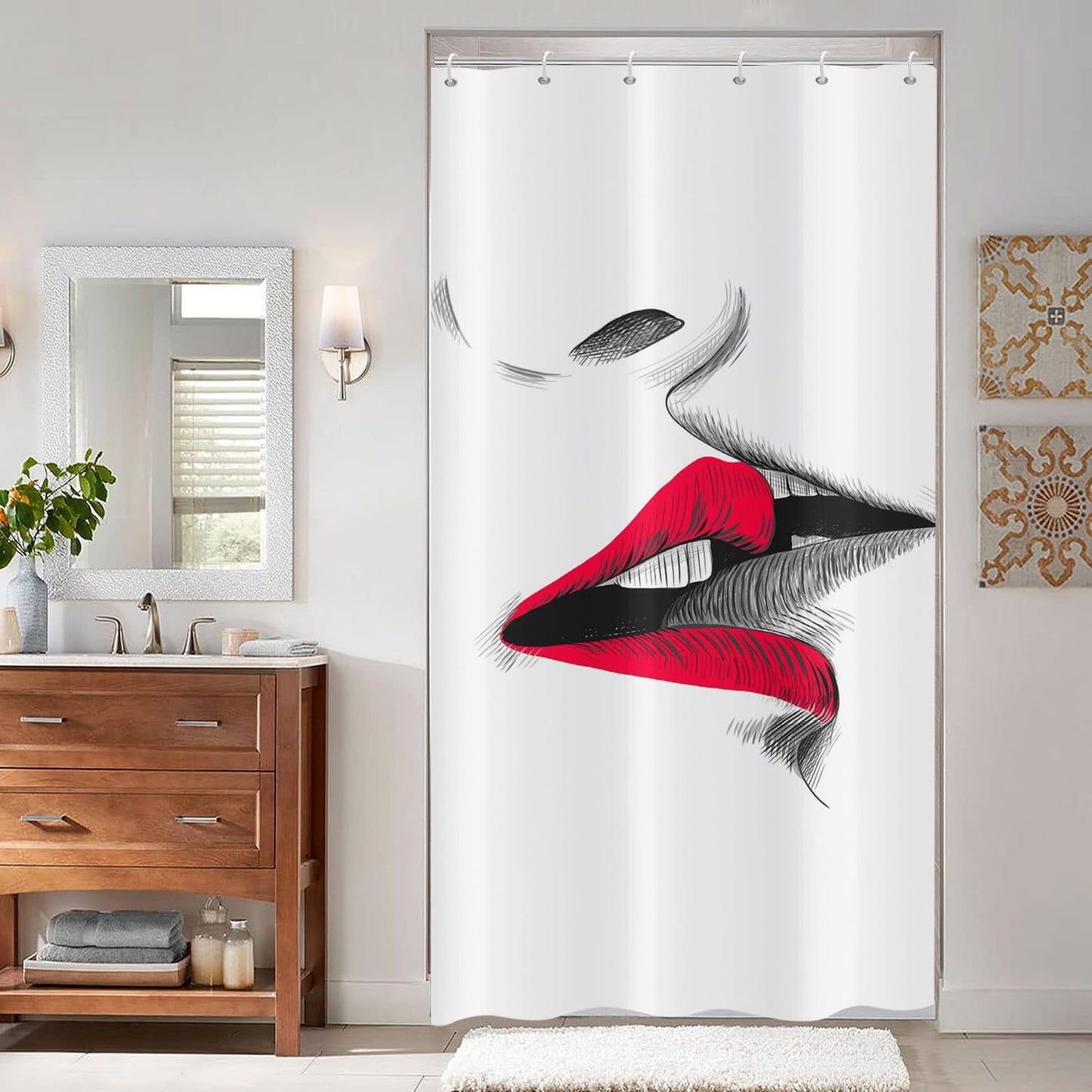 ASDCXZ Narrow Shower Curtain 90x180 cm, Modern Art Sketch Sexy Red Lip Kiss White Bath Washable Narrow Shower Curtains with eyelets Polyester Textile