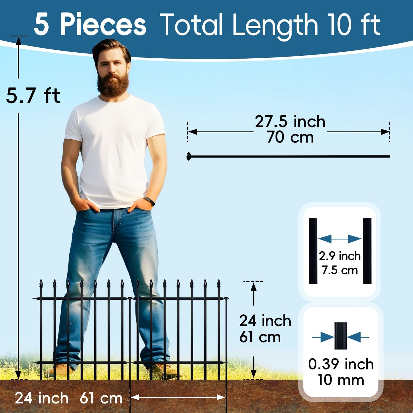 Thealyn Metal Garden Fence Decorative Fence 60cm High x 60cm Wide (5 Panels, Total Length 3m) No Dig Fence Border Fence Dog Fence Landscape Fencing