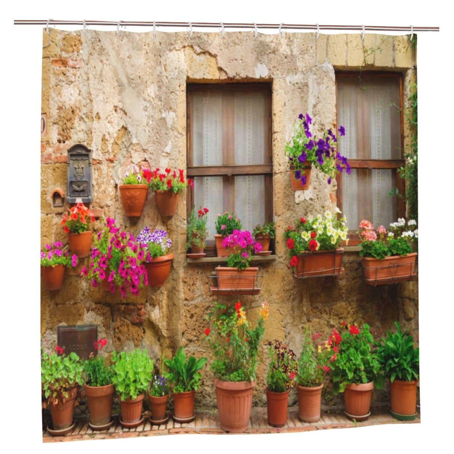 YUAOEUR 3D Garden Shower Curtain 71X71 Inch Fresh Plant Countrylife Style Retro Old Stone Wall Floral Basket Door Scenery with Green Plants Scenery