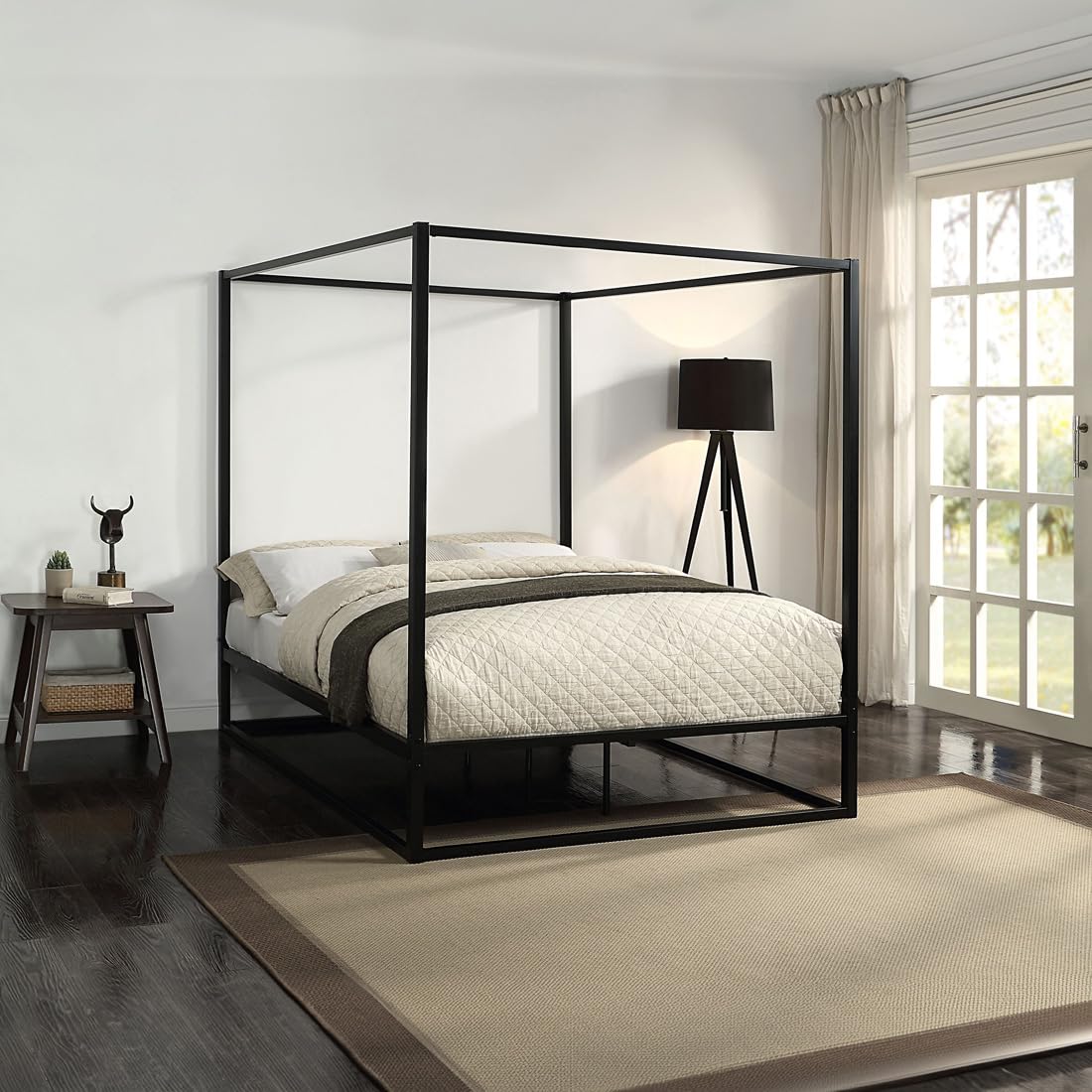 SlumberWorx ASHWELL MODERN FOUR 4 POSTER BLACK METAL BED FRAME - SINGLE/SMALL DOUBLE/DOUBLE/KING SIZE WITH MATTRESS OPTIONS (No Mattress, King (U.K.