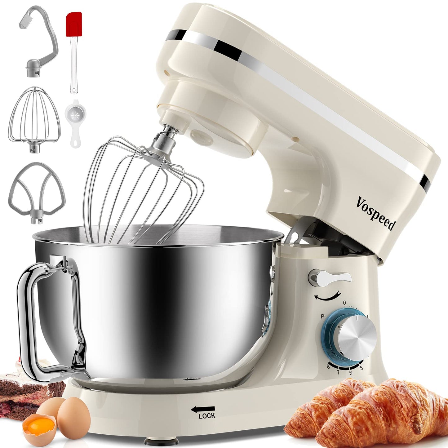 Vospeed Stand Mixer, 4.5L+5L Bowls 8-speed 1000W Tilt-Head Food Mixer, Kitchen Electric Mixer with Dough Hook, Whisk, Beater, Splash Guard (Cream