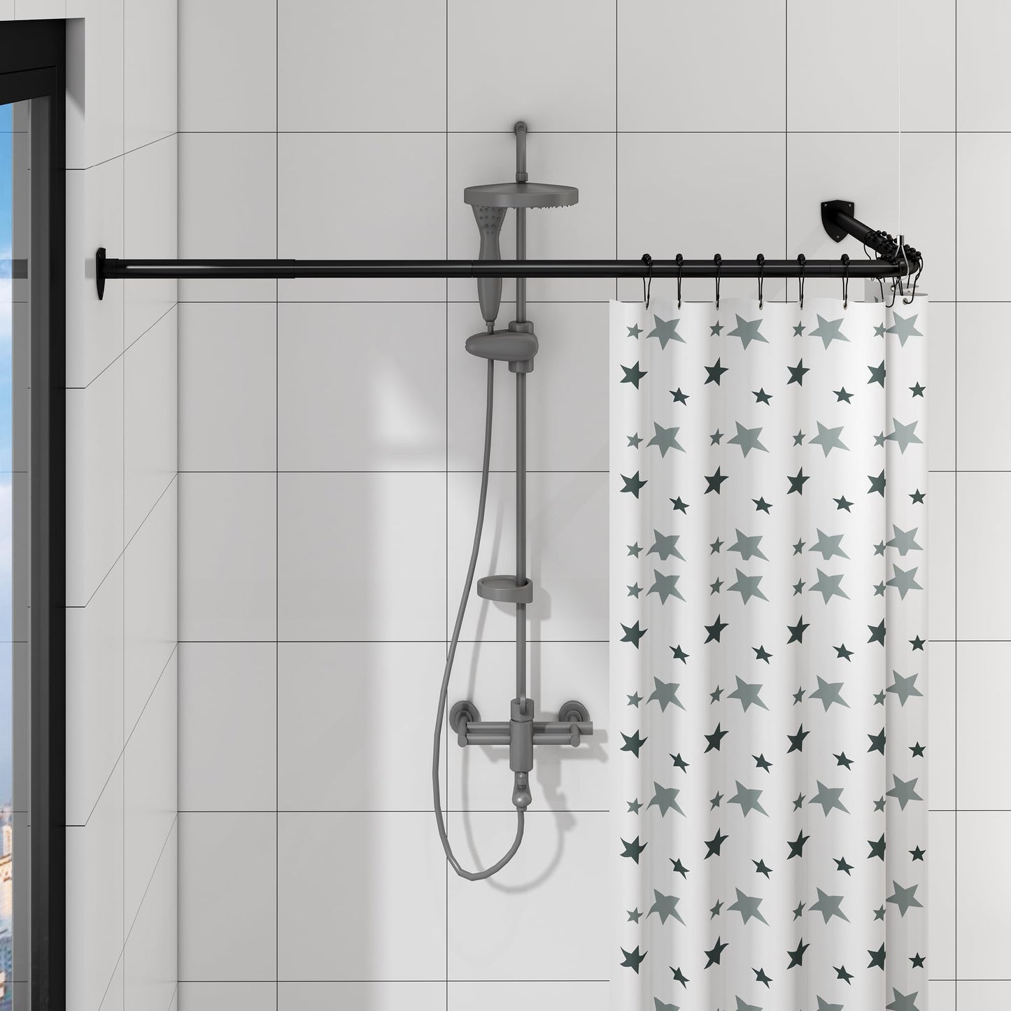 Shower Curtain Pole, L Shaped Shower Curtain Rail, Extendable Shower Curtain Rod for Bathroom, Clothing Store, Stainless with 12 Ring Hooks & Ceiling