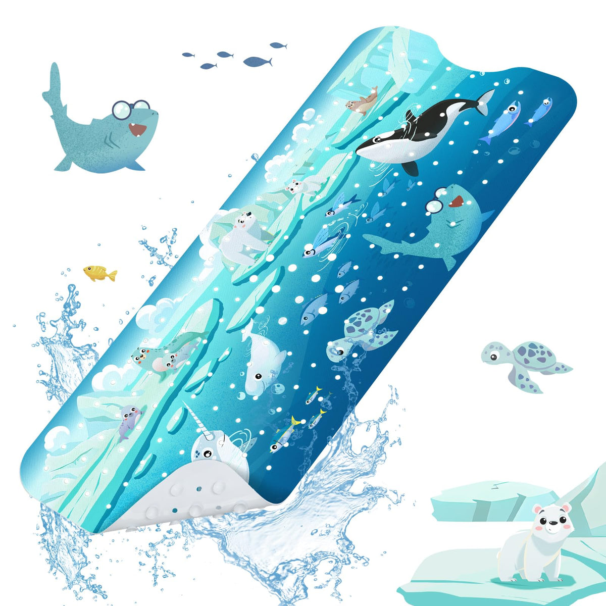 SHUCHING Polar Animals Bath Mat Non Slip Kids, 100 X 40 cm Extra Long Baby Bathtub Mat Anti Slip, Childrens Shower Mat Non Slip Anti Mould for