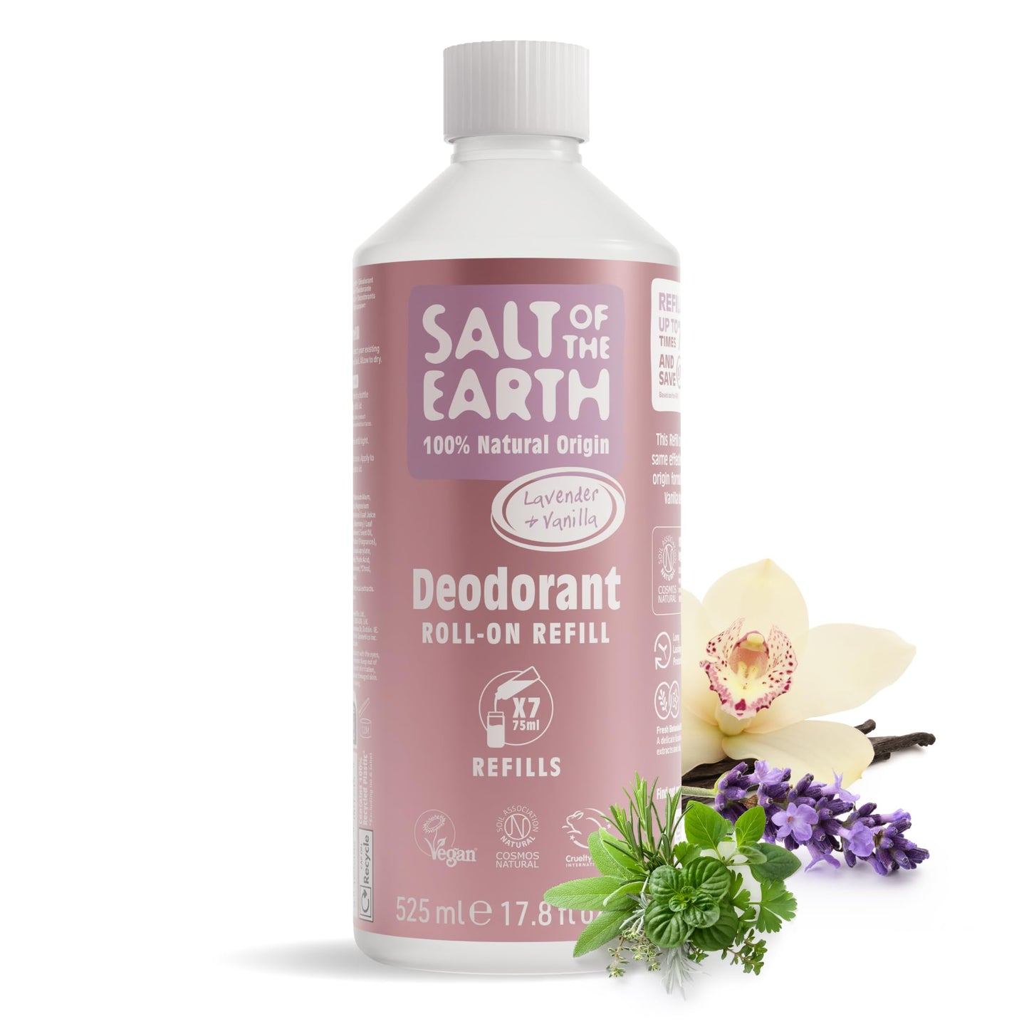 Salt of the Earth - Natural Deodorant Roll on Refill - x7 Uses - Lavender & Vanilla - 100% Natural Origin Ingredients - Vegan - Suitable for Men,