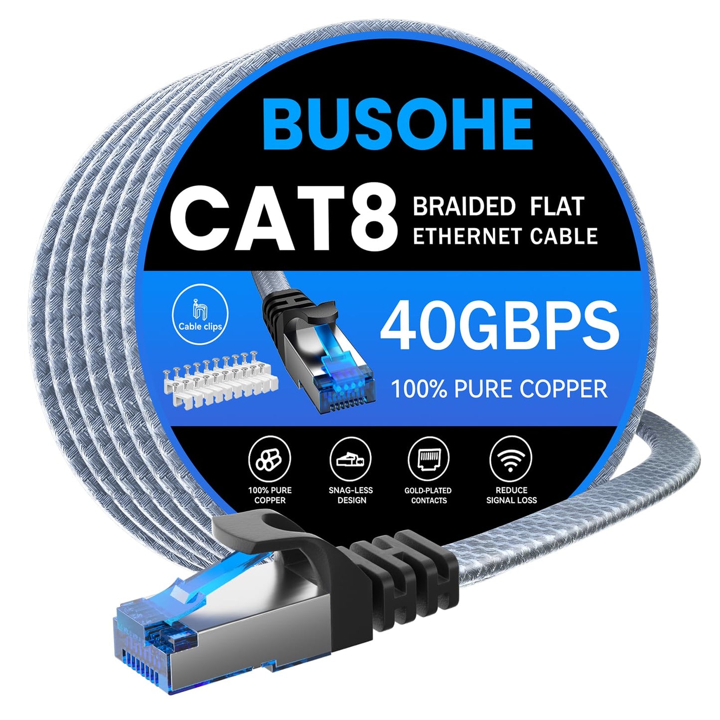 BUSOHE Cat 8 Ethernet Cable 15M, 40Gbps/2000Mhz Flat High Speed Network Cable, Braided Flat Gigabit Rj45 STP Shielded Internet Lan Cables Cord
