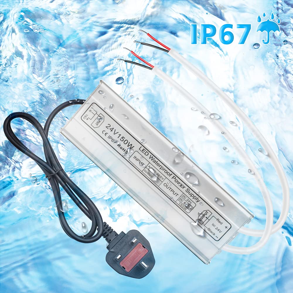 inShareplus LED Power Supply, 24V 150W IP67 Waterproof Outdoor Driver, AC 80-265V to DC 24V 6.25A Low Voltage Transformer, Adapter with 3-Prong Plug