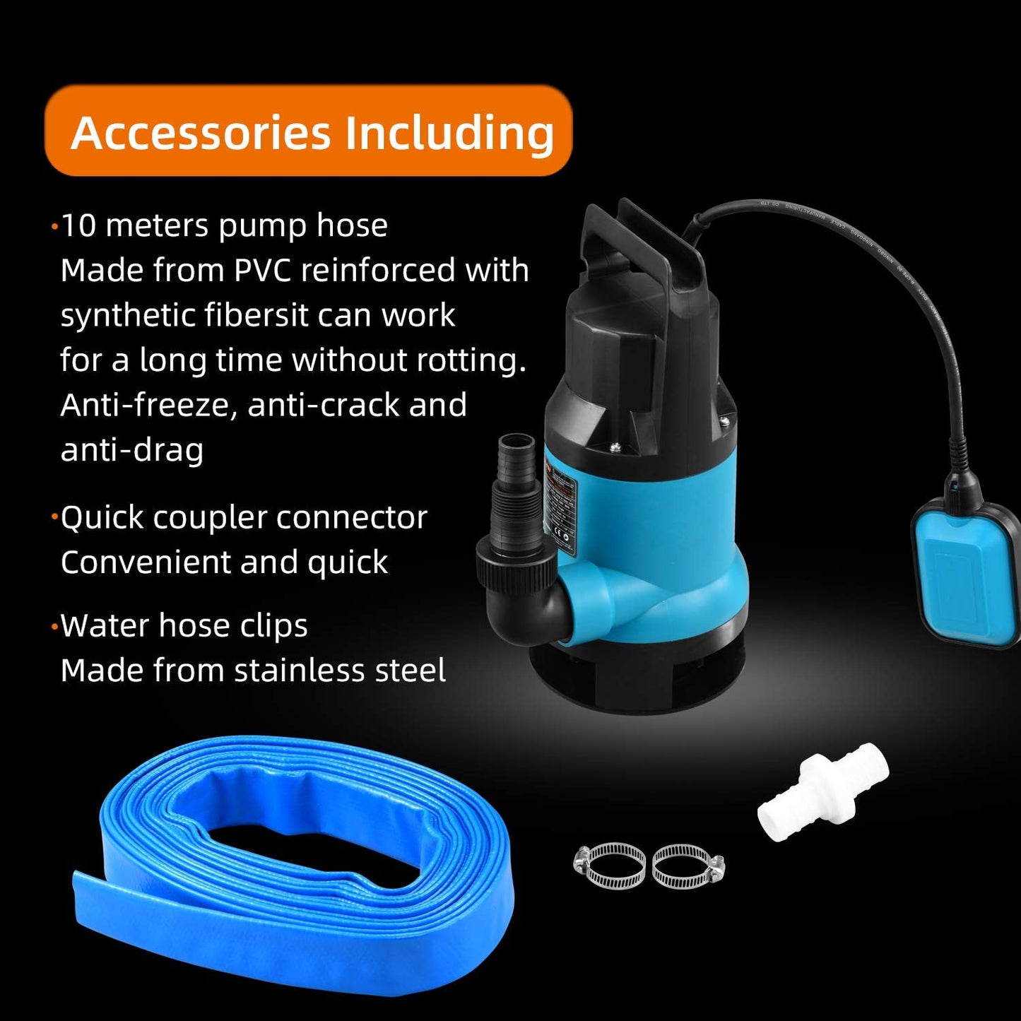 KATSU 400W Portable Submersible Pump for Clean and Dirty Water 8000L/h for Garden Pond, Pools, Ditches + 10m 1" PVC Hose + Quick Coupler Connector +