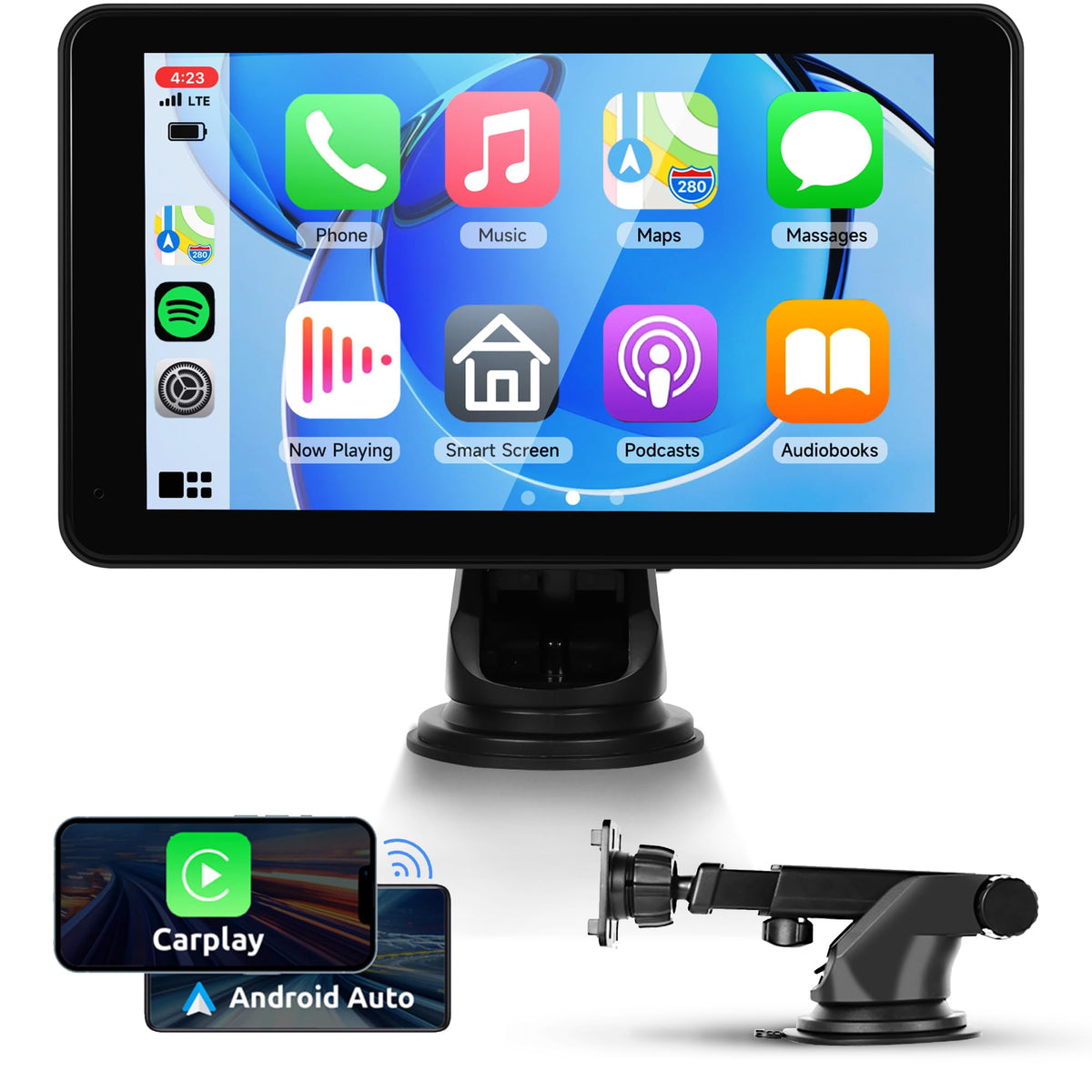 Portable Wireless Carplay Screen Android Auto Portable Car Radio Car play, 7" HD IPS Touch Screen Bluetooth FM Transmitter Mirror Link OTA SuperLink