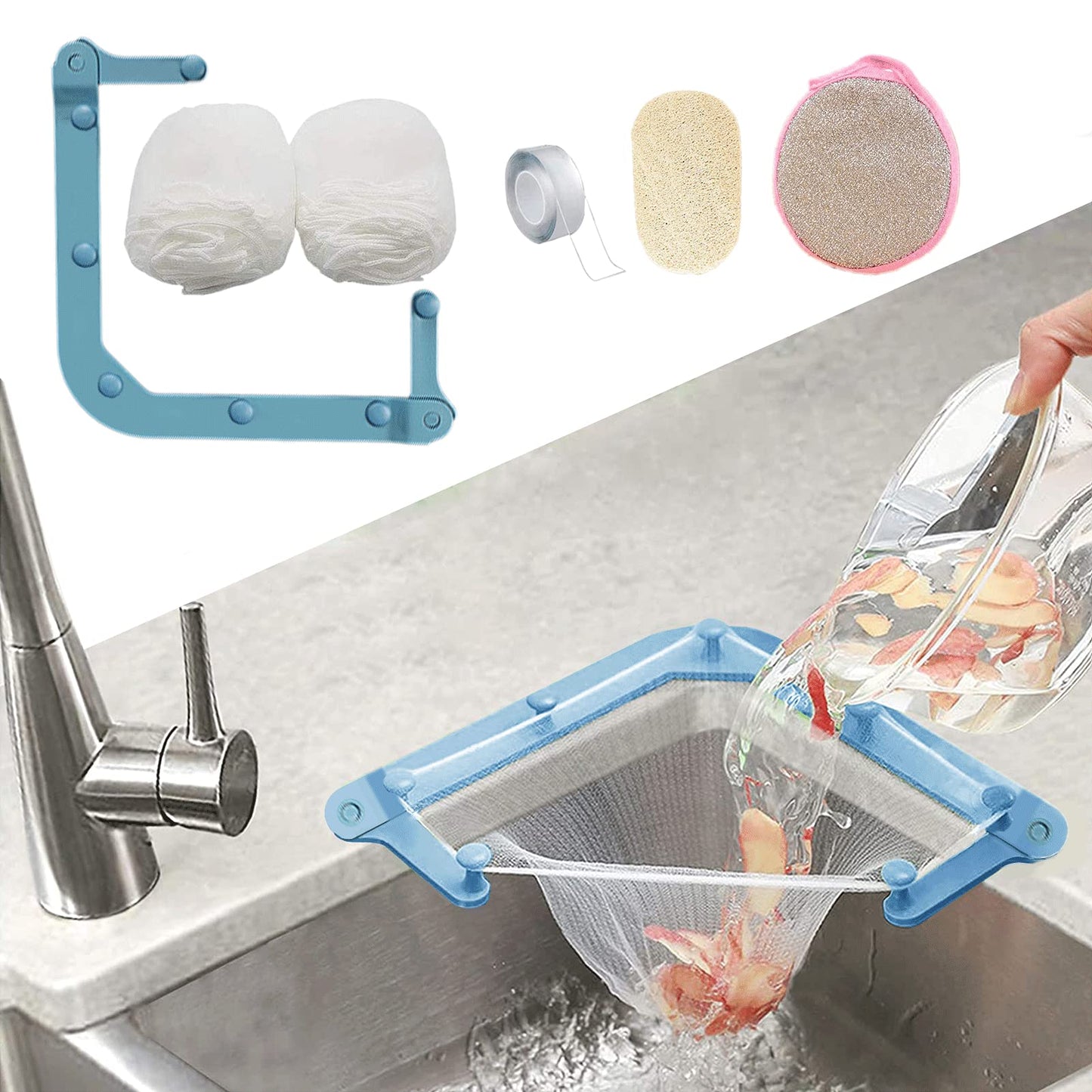 Kitchen Sink Triangle Tri-Holder Filter, Kitchen Sink Strainer, Sink Drain Strainer, with a Triangular Upgraded Foldable Blue Rack and 100PCS Large