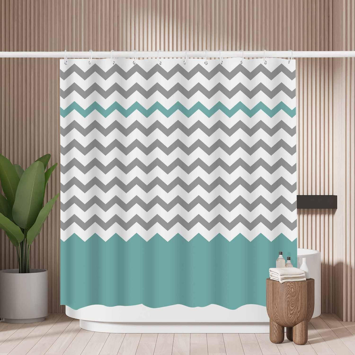 Woutay Shower Curtain Mould Proof Resistant Grey Chevron,Water Repellant Fabric,Polyester,with 12 Plastic Hooks